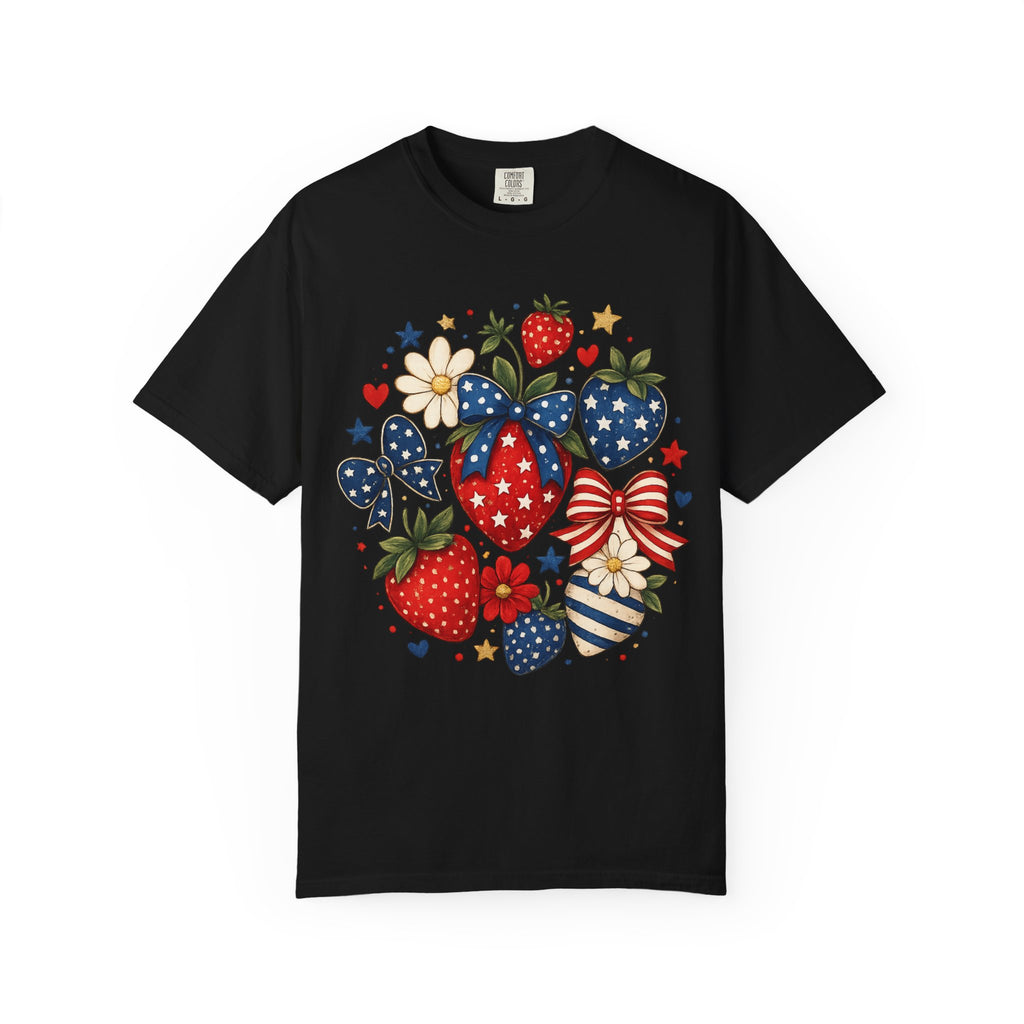 Patriotic Strawberry Tee — Red White Blue Floral Americana T-Shirt