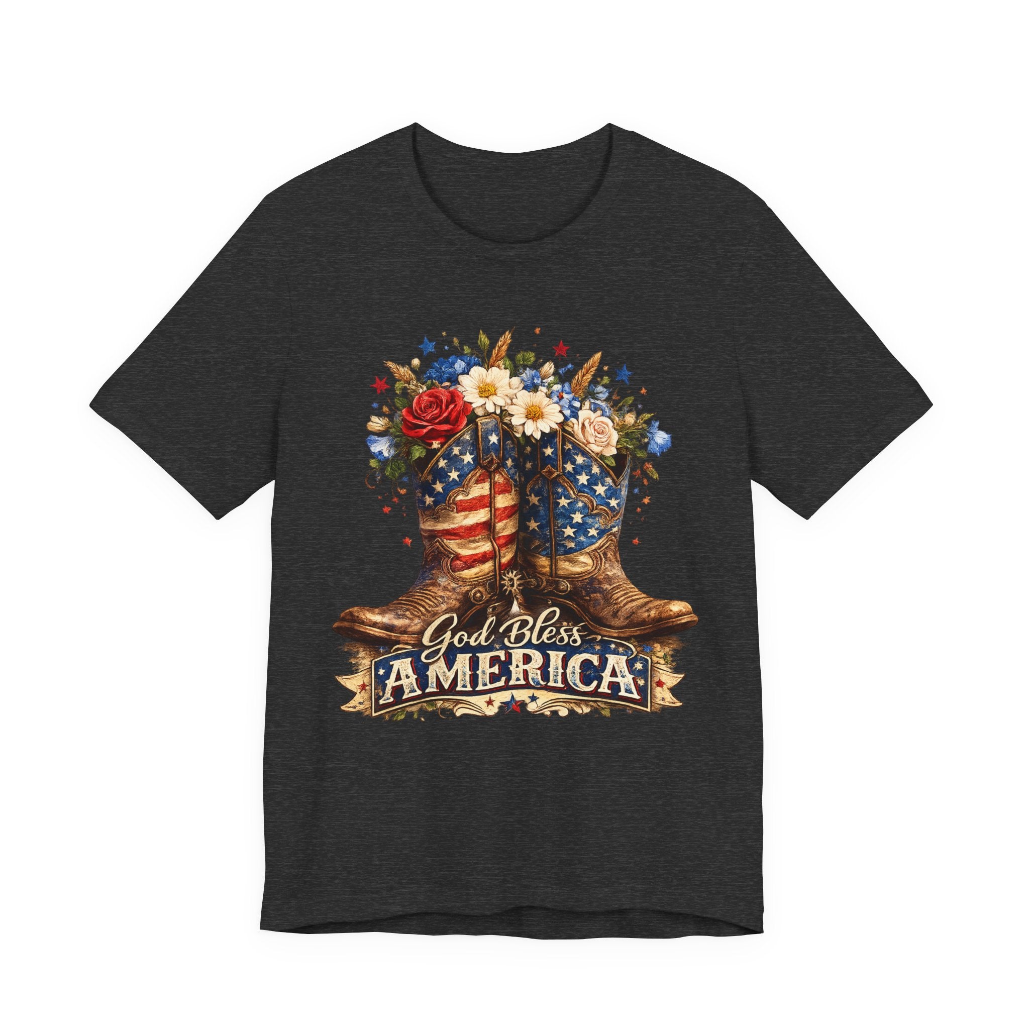 God Bless America Cowboy Boots T-Shirt — Patriotic Faith 4th of July Tee