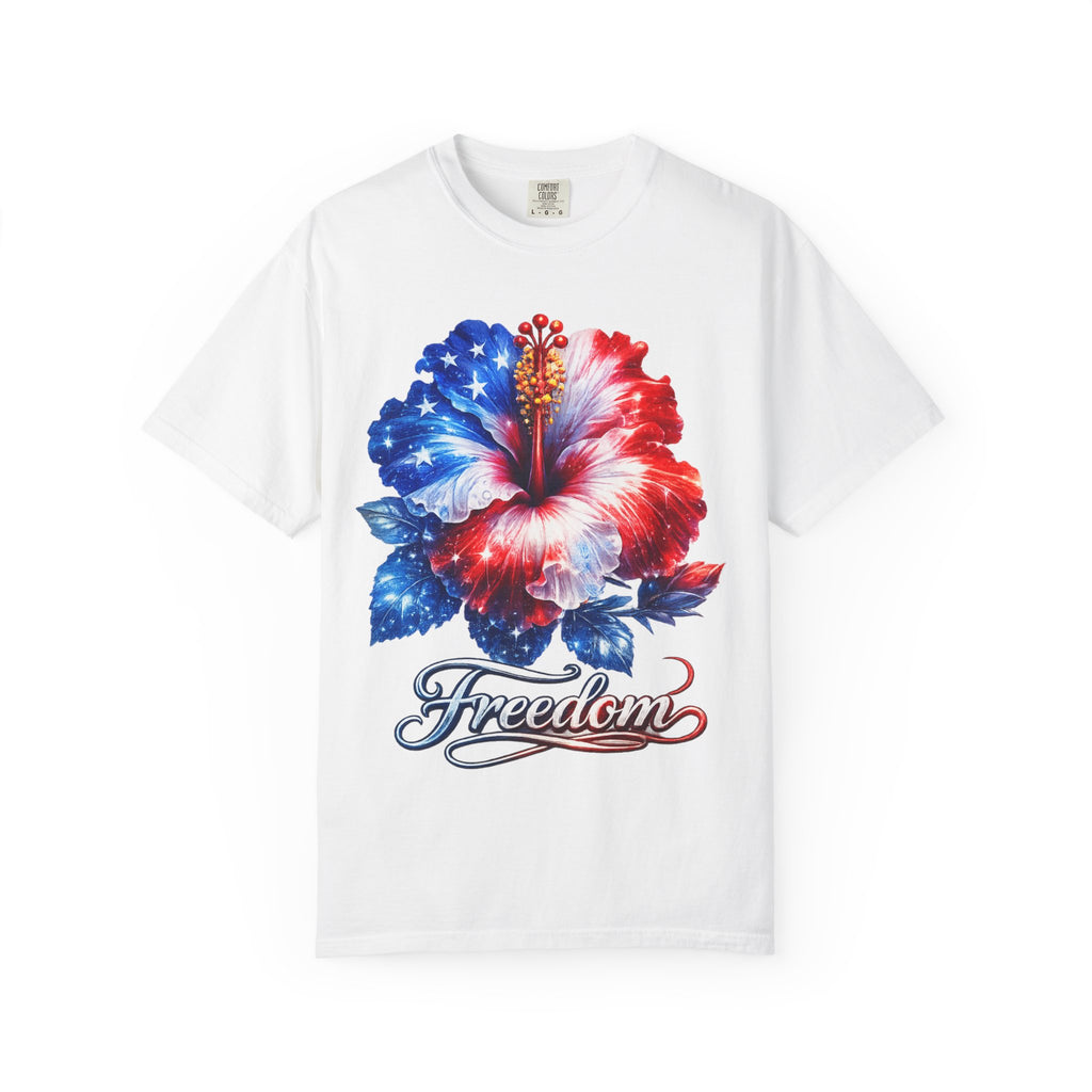 Freedom Hibiscus T-Shirt – Patriotic Red, White & Blue Floral Tee
