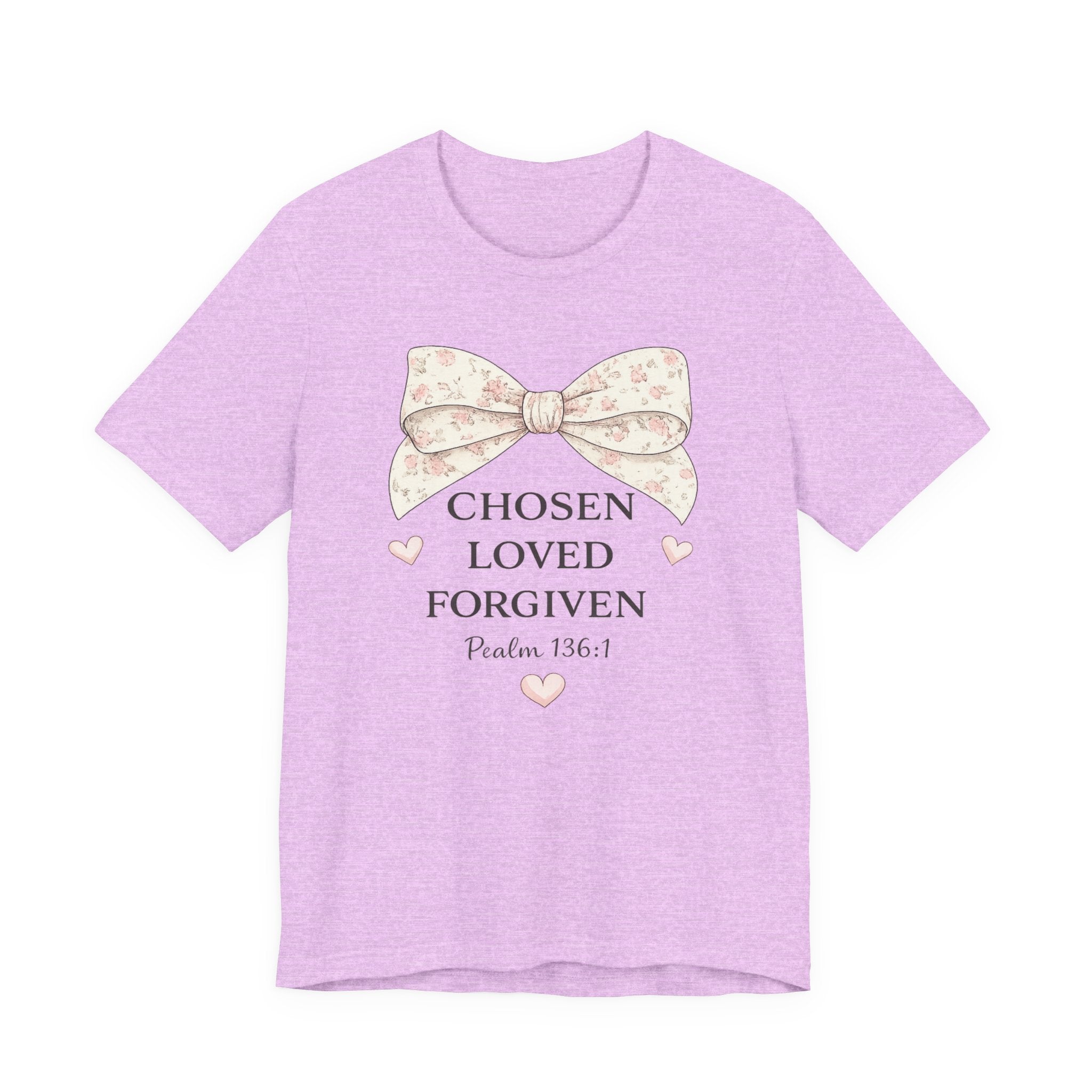 Chosen Loved Forgiven T-Shirt — Psalm 136:1 Floral Bow Christian Tee