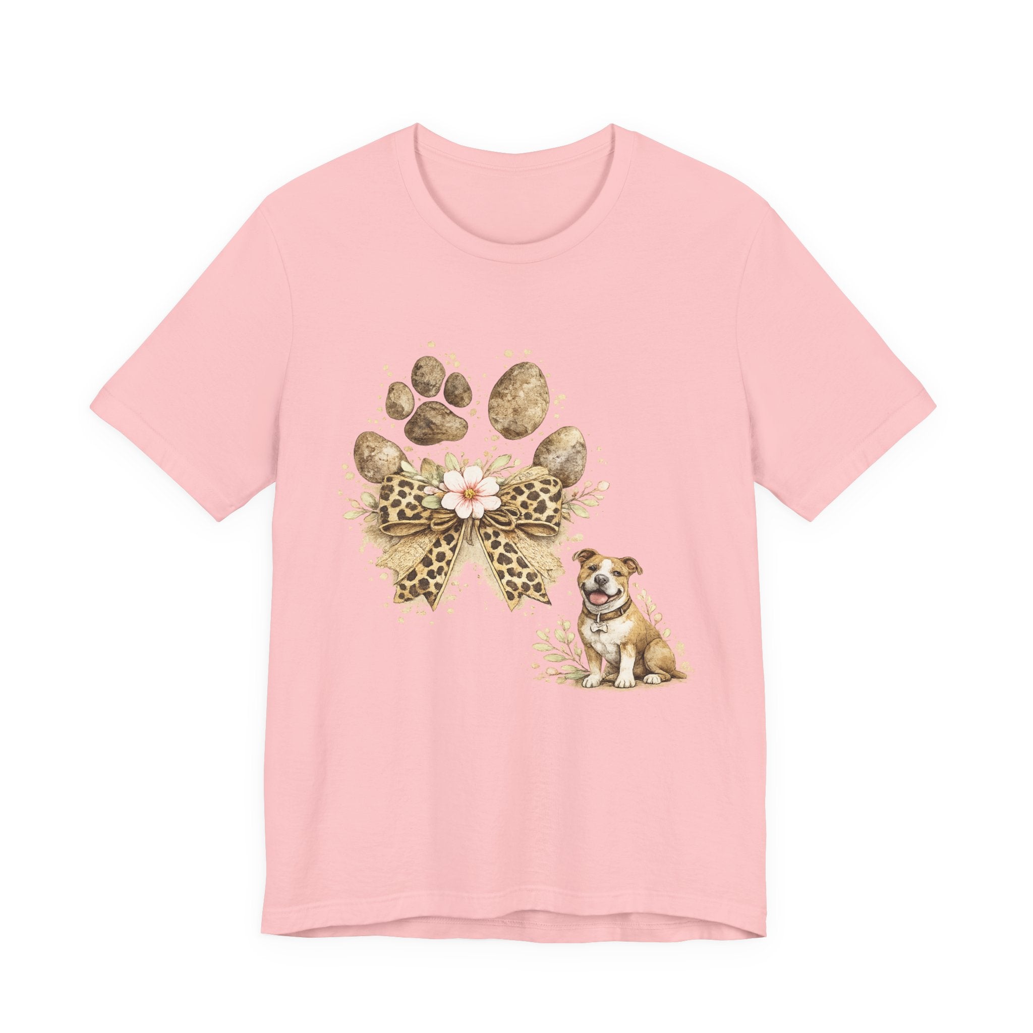 Dog Paw Print Tee with Leopard Bow & Floral Accents