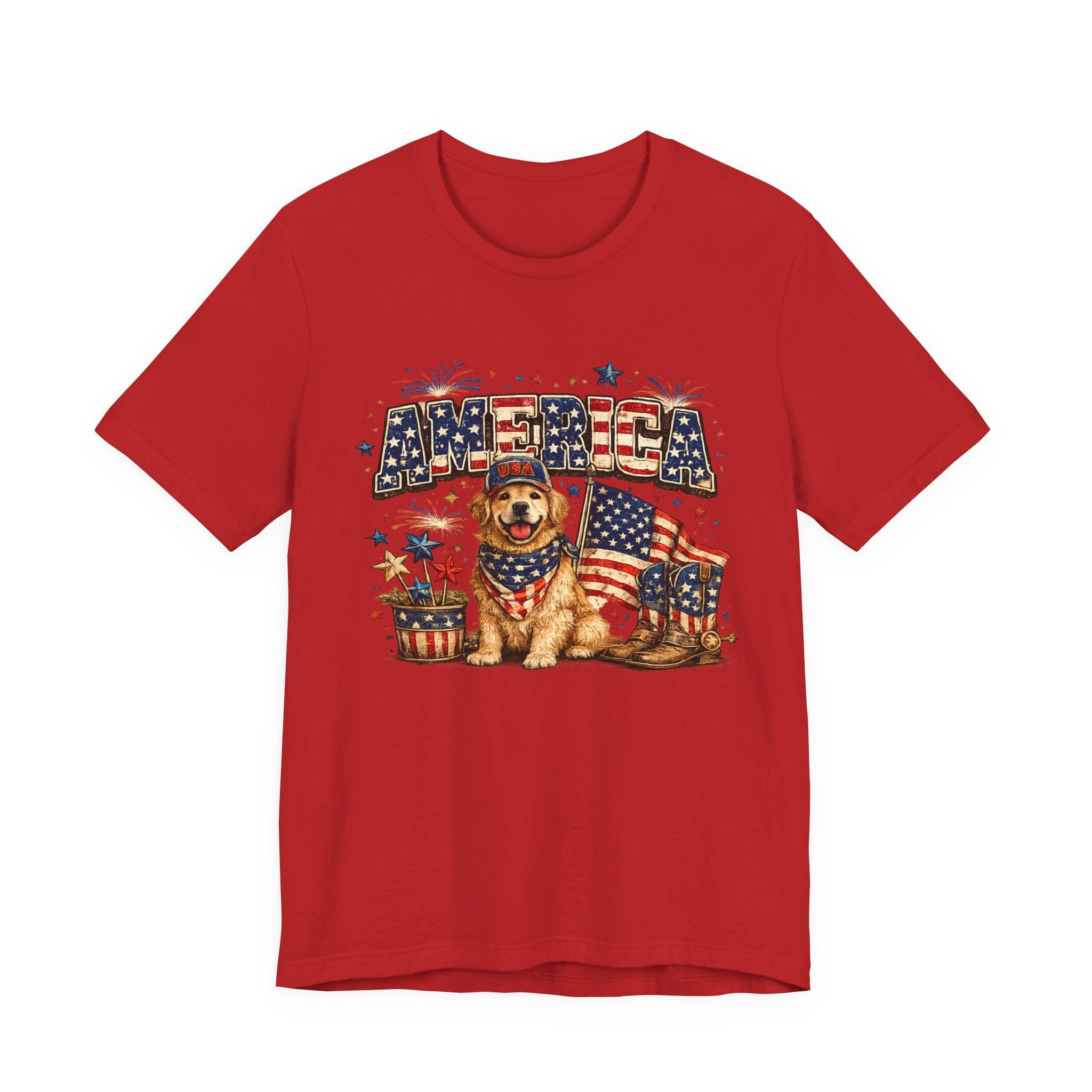 Patriotic Golden Retriever Tee — 'America' Flag Dog 4th of July T-Shirt