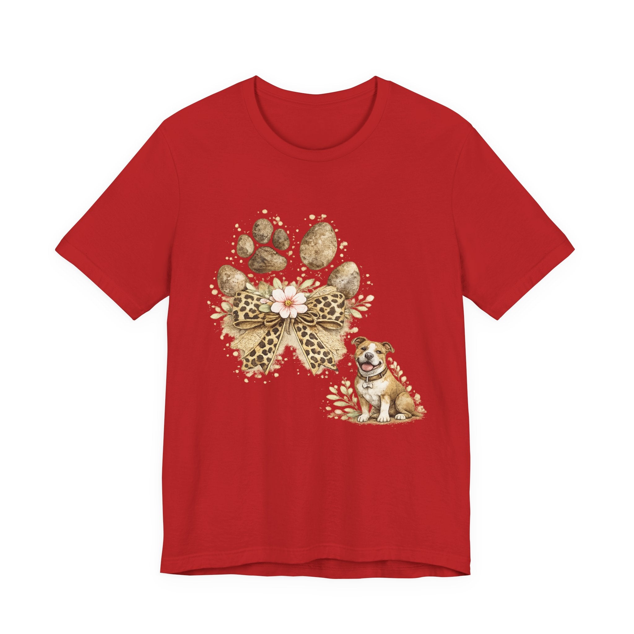Dog Paw Print Tee with Leopard Bow & Floral Accents