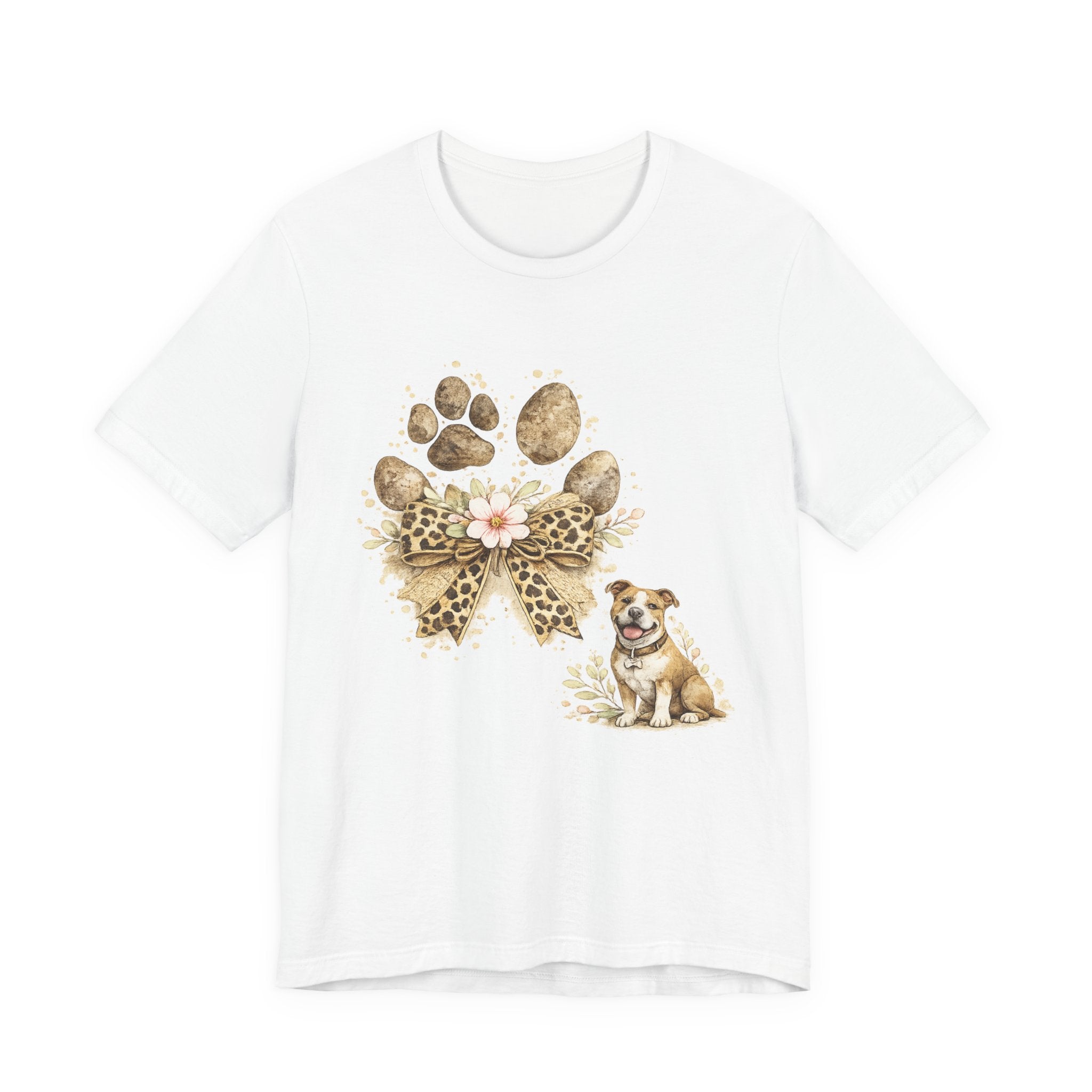 Dog Paw Print Tee with Leopard Bow & Floral Accents