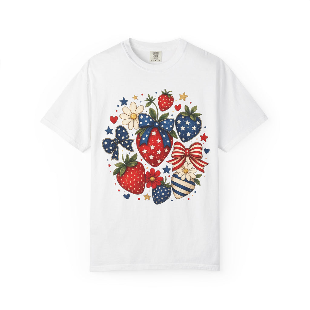 Patriotic Strawberry Tee — Red White Blue Floral Americana T-Shirt