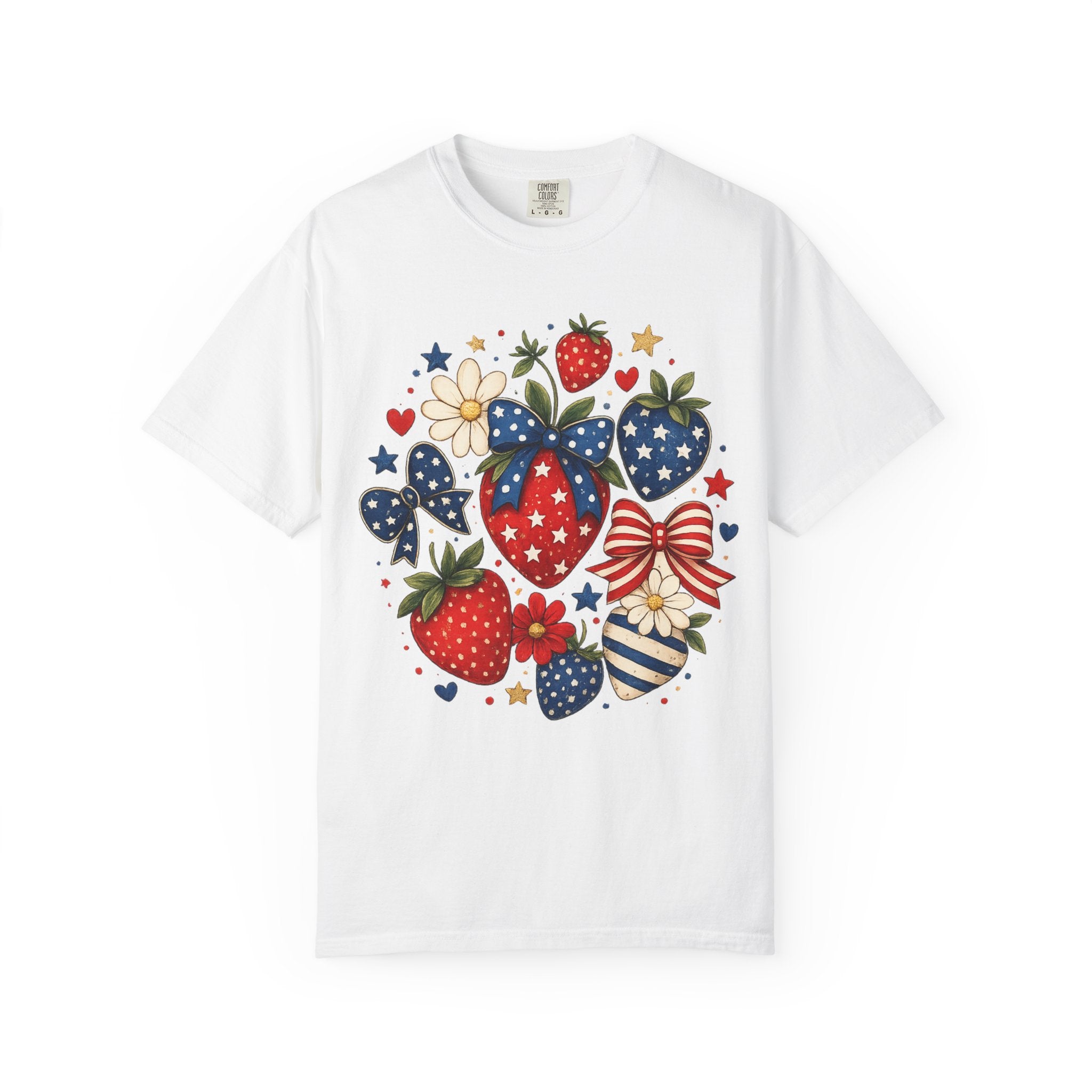 Patriotic Strawberry Tee — Red White Blue Floral Americana T-Shirt