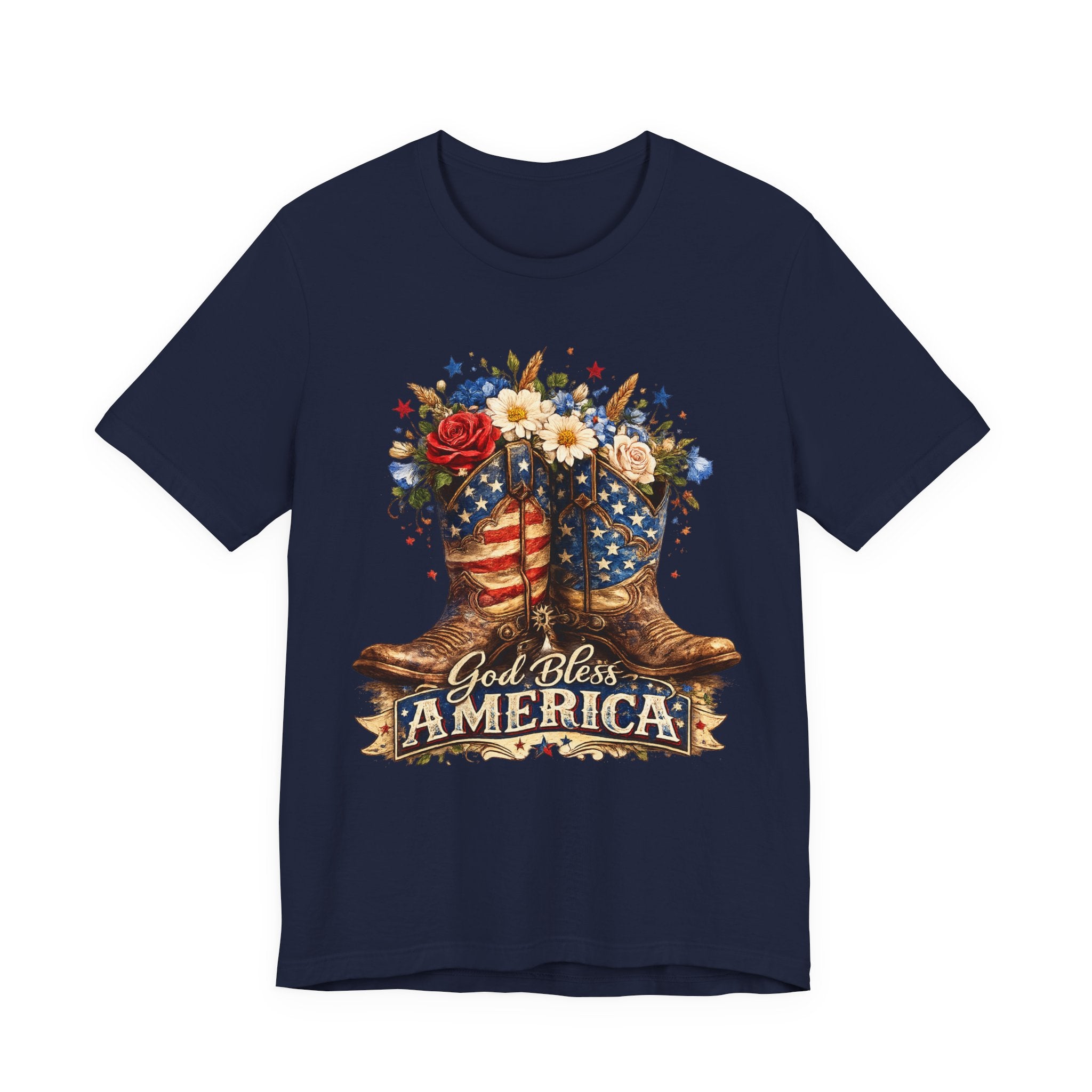 God Bless America Cowboy Boots T-Shirt — Patriotic Faith 4th of July Tee