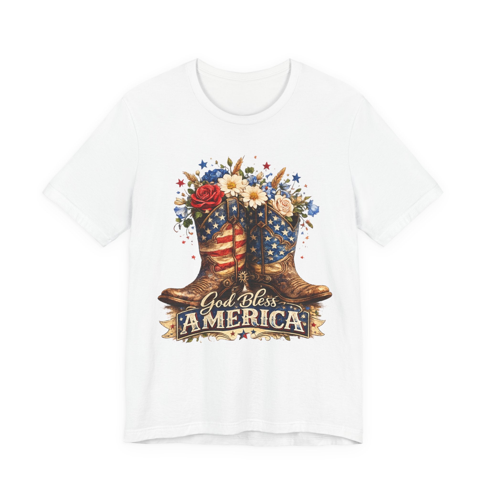 God Bless America Cowboy Boots T-Shirt — Patriotic Faith 4th of July Tee