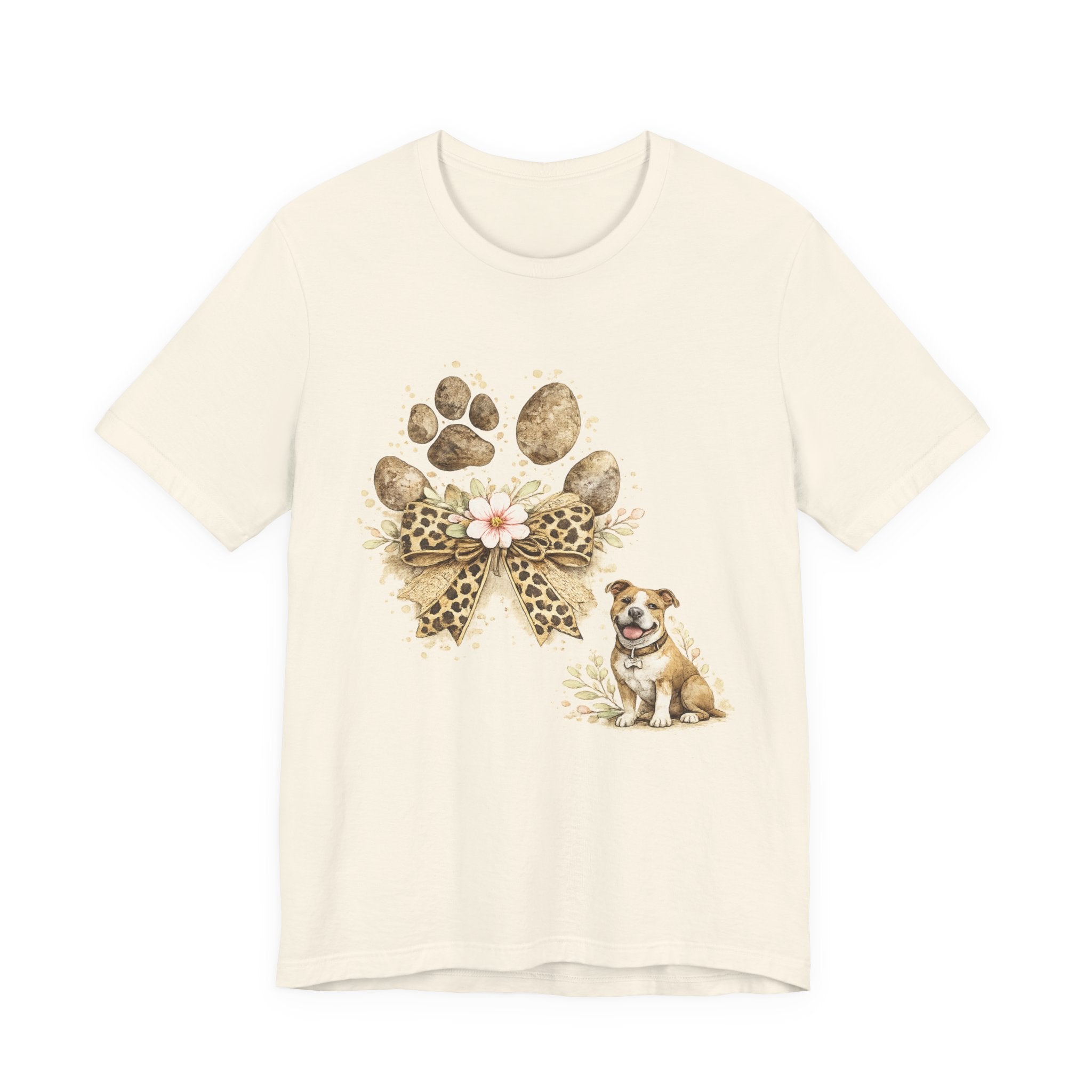 Dog Paw Print Tee with Leopard Bow & Floral Accents