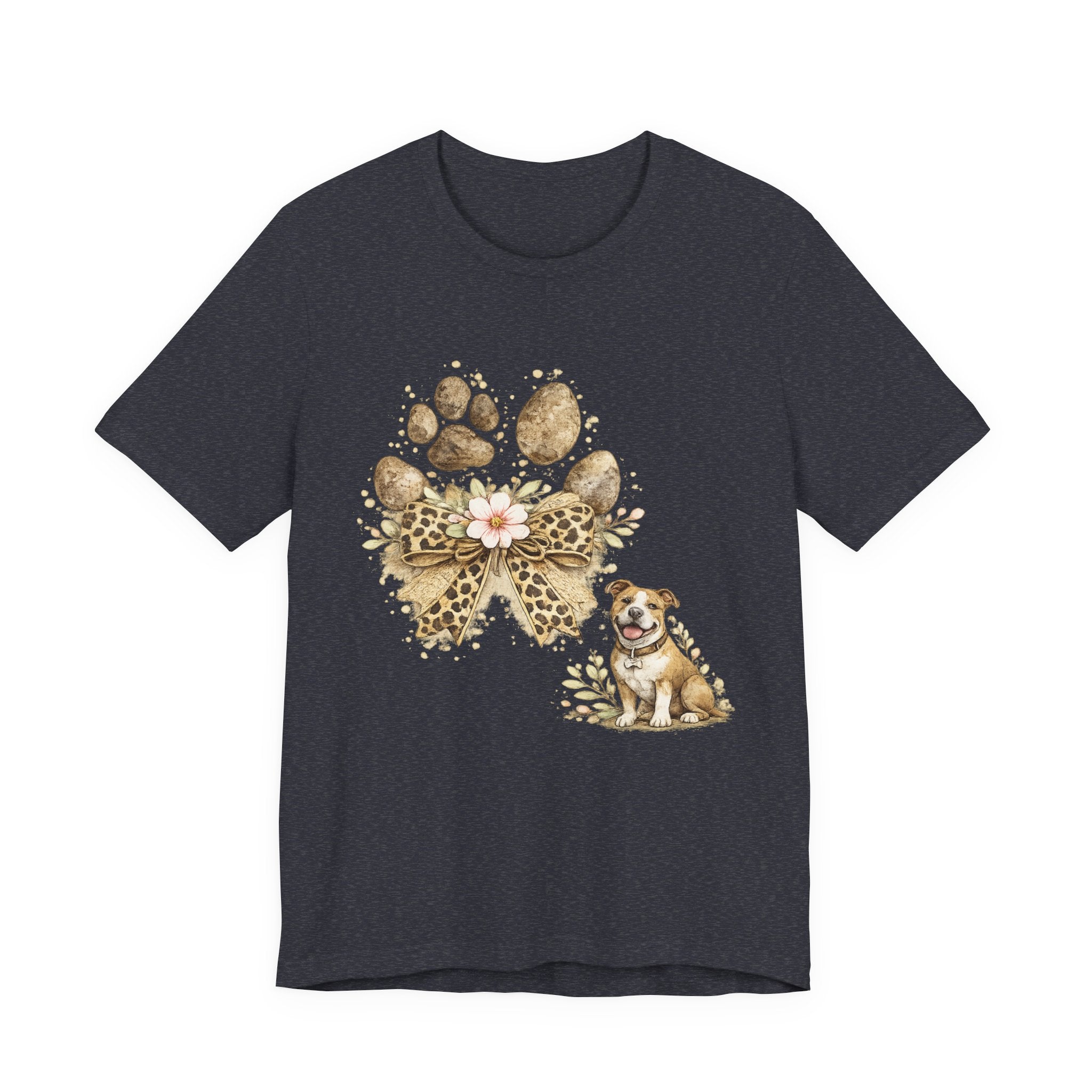 Dog Paw Print Tee with Leopard Bow & Floral Accents