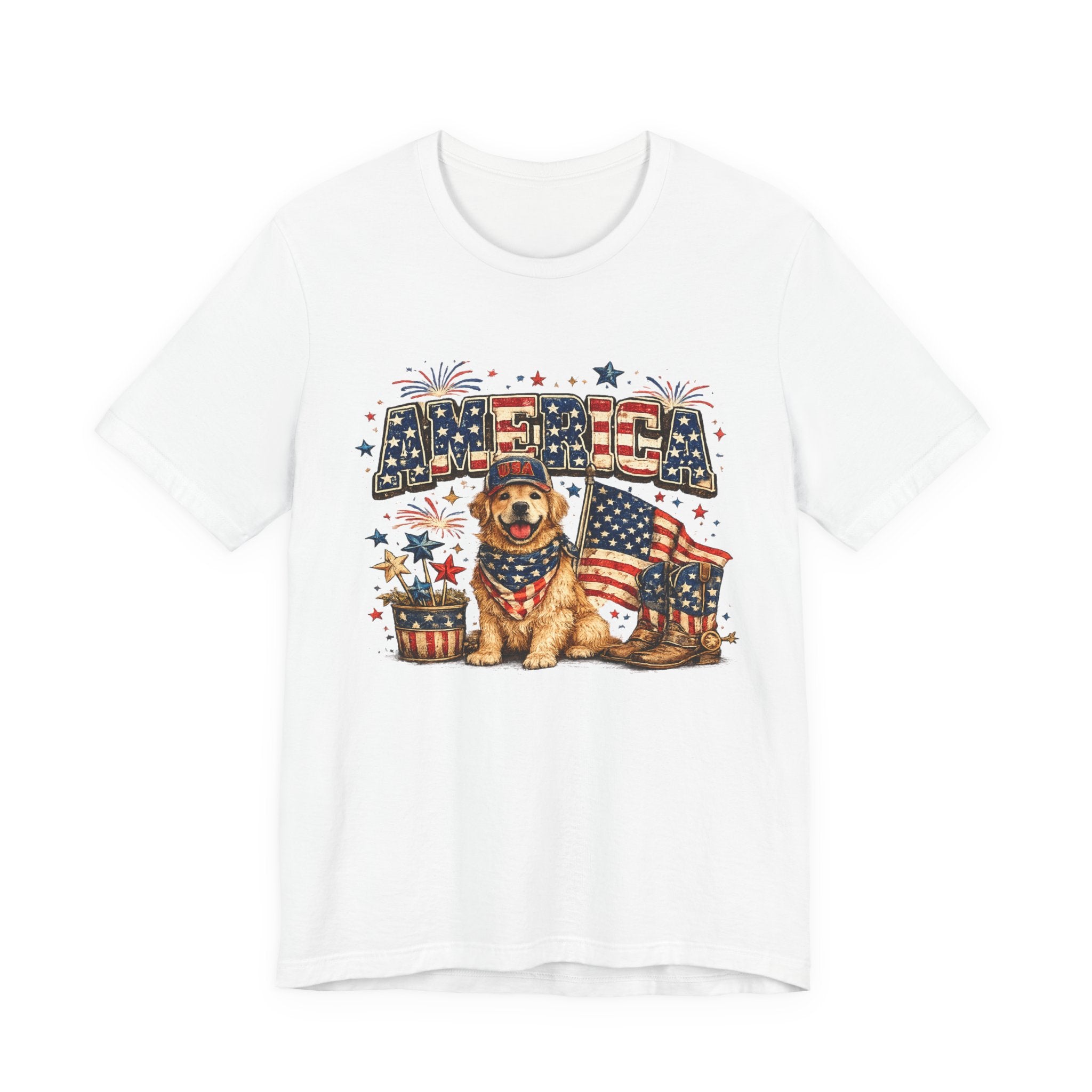 Patriotic Golden Retriever Tee — 'America' Flag Dog 4th of July T-Shirt