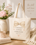 Tote Bag — "Chosen, Loved, Forgiven" Psalm 136:1 Floral Bow Christian Tote