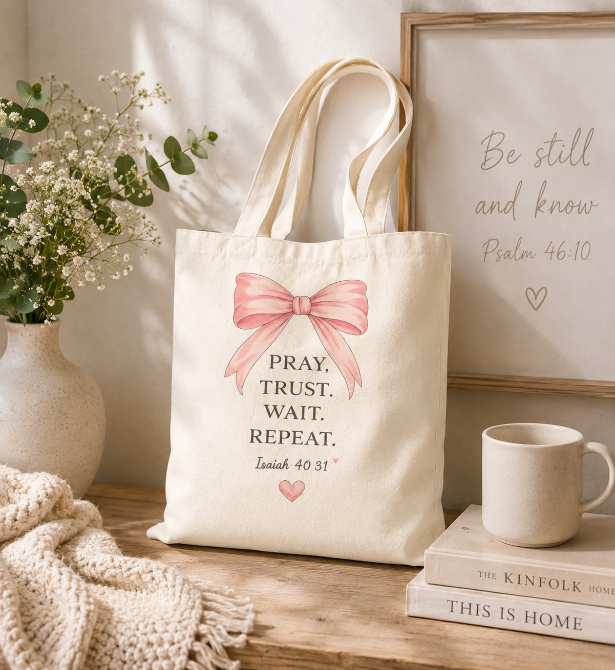 Canvas Tote Bag — “Pray, Trust, Wait, Repeat.” Scripture Tote (Isaiah 40:31) with Pink Bow