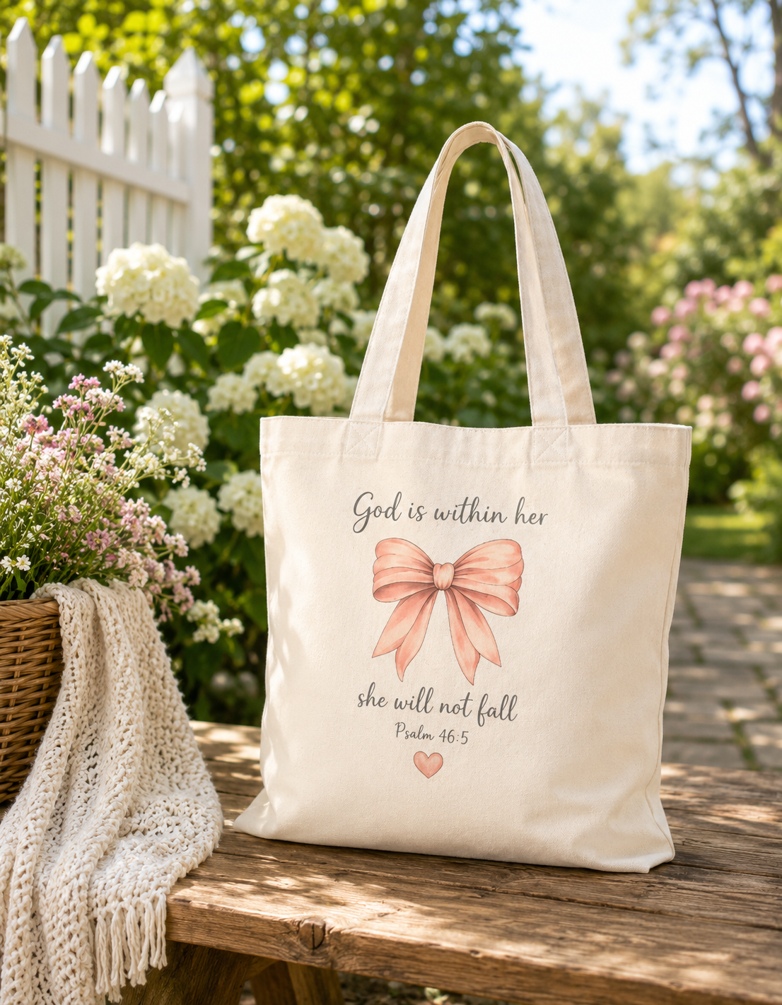 Canvas Tote Bag — "God Is Within Her" Pink Bow Scripture Tote (Psalm 46:5)