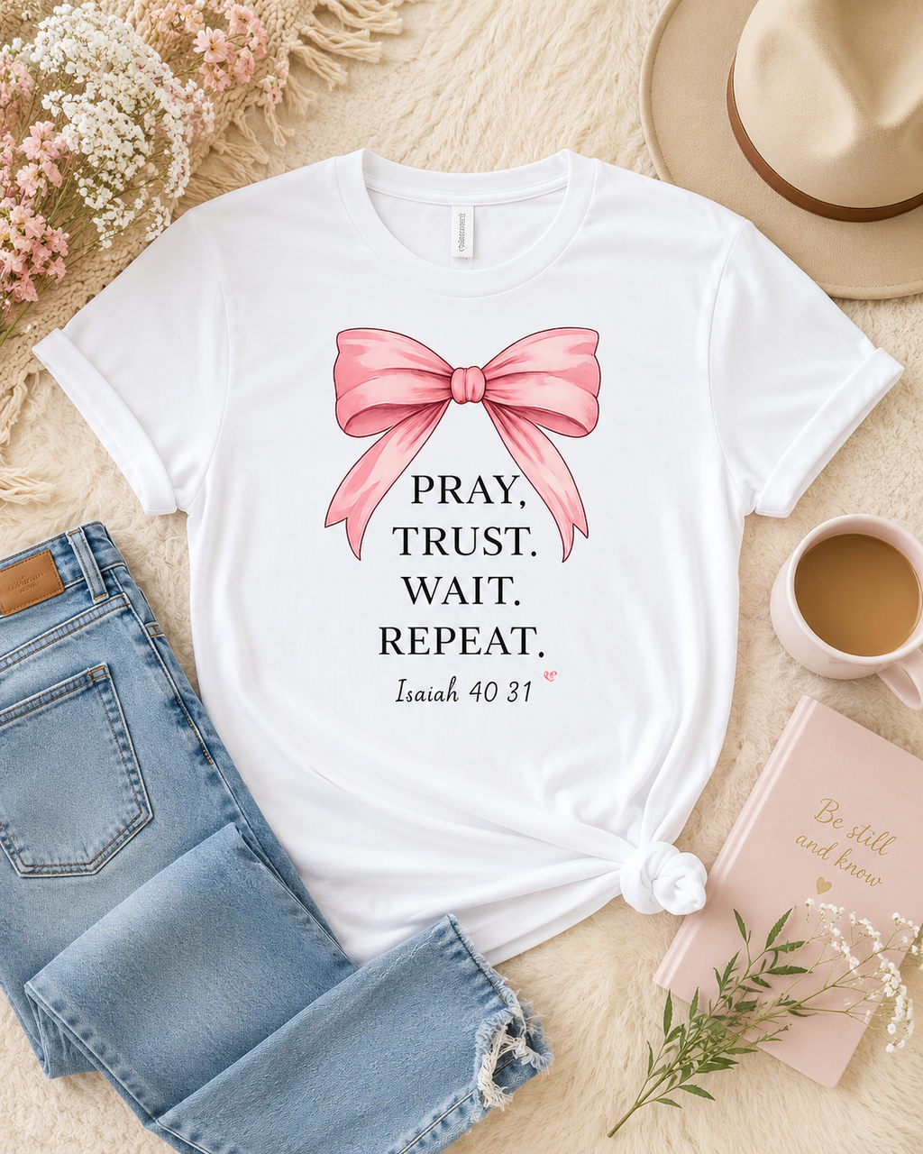 Pray Trust Wait Repeat Tee — Isaiah 40:31 Christian Inspirational T-Shirt
