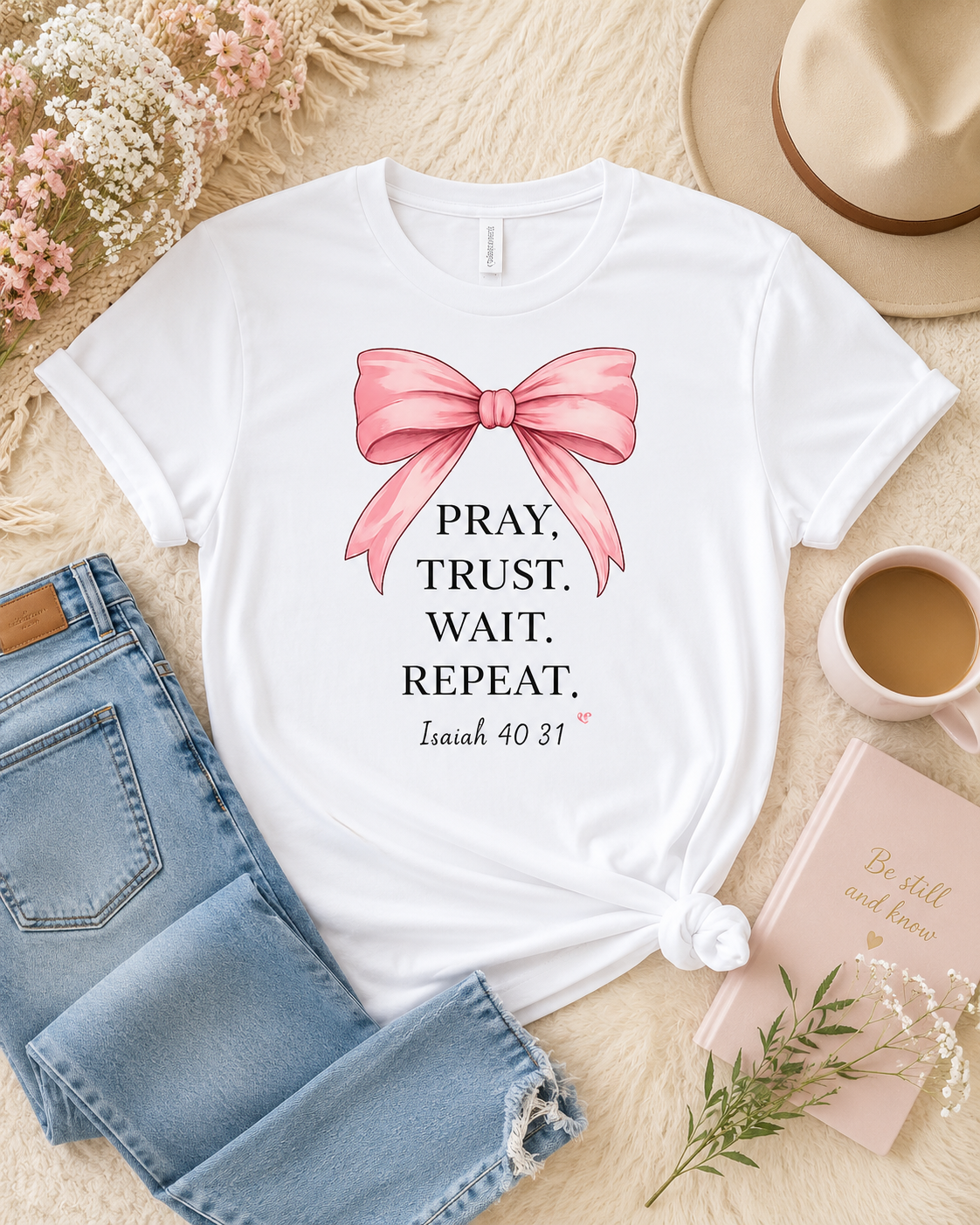Pray Trust Wait Repeat Tee — Isaiah 40:31 Christian Inspirational T-Shirt