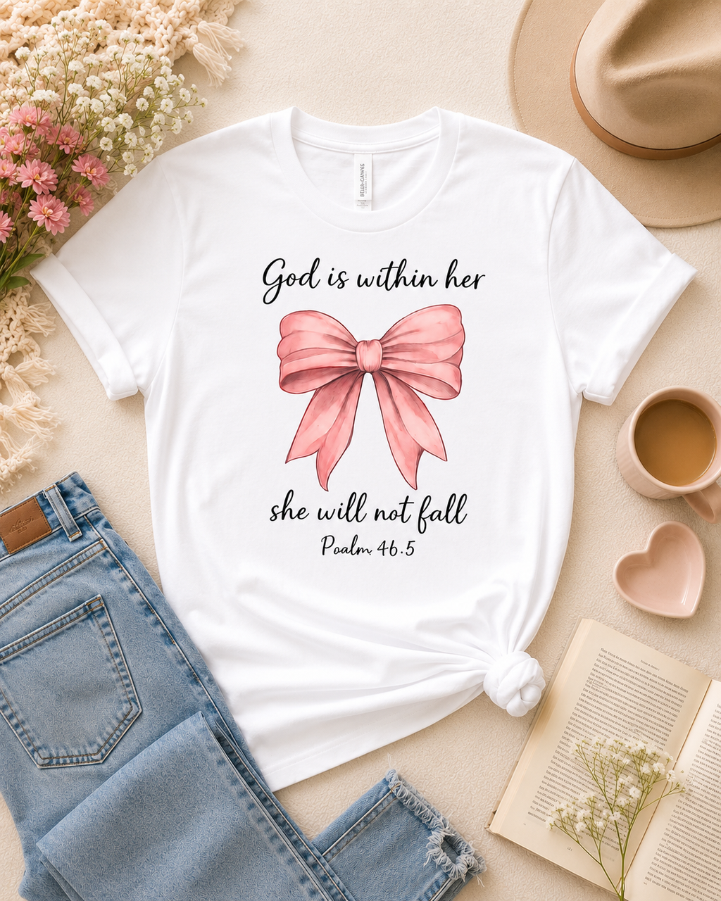 God Is Within Her T-Shirt — Pink Bow Psalm 46:5 Christian Tee