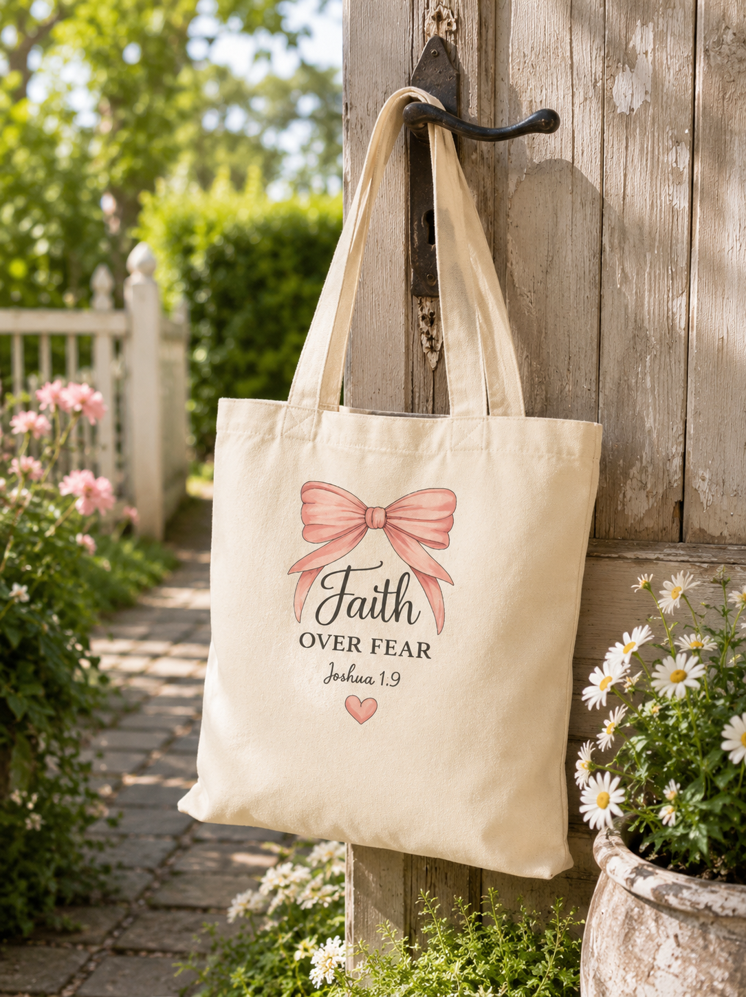 Faith Over Fear Canvas Tote Bag – Joshua 1:9 Inspirational Grocery Shopper