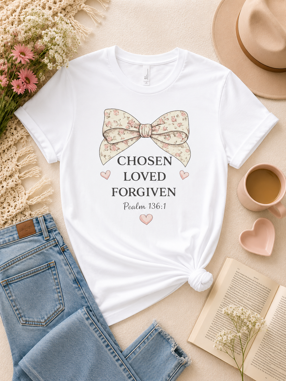 Chosen Loved Forgiven T-Shirt — Psalm 136:1 Floral Bow Christian Tee