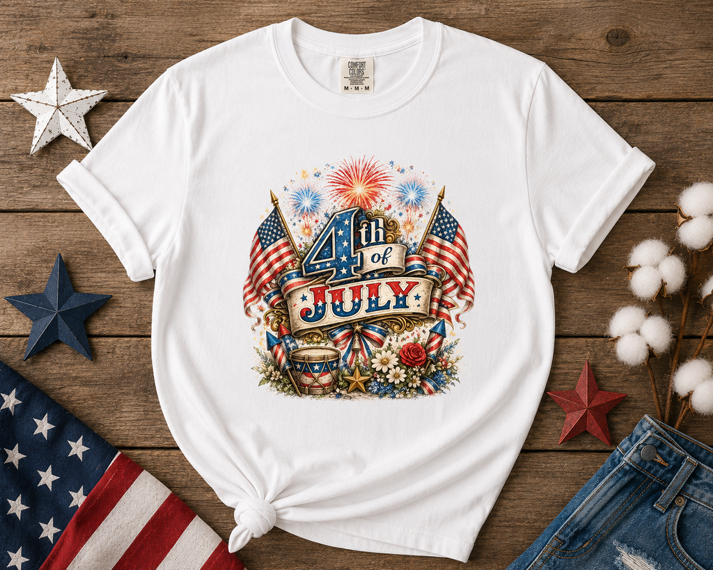 4th of July Fireworks T-Shirt — Patriotic American Flag Stars & Stripes Tee