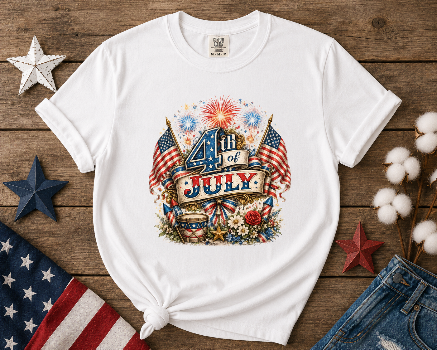 4th of July Fireworks T-Shirt — Patriotic American Flag Stars & Stripes Tee