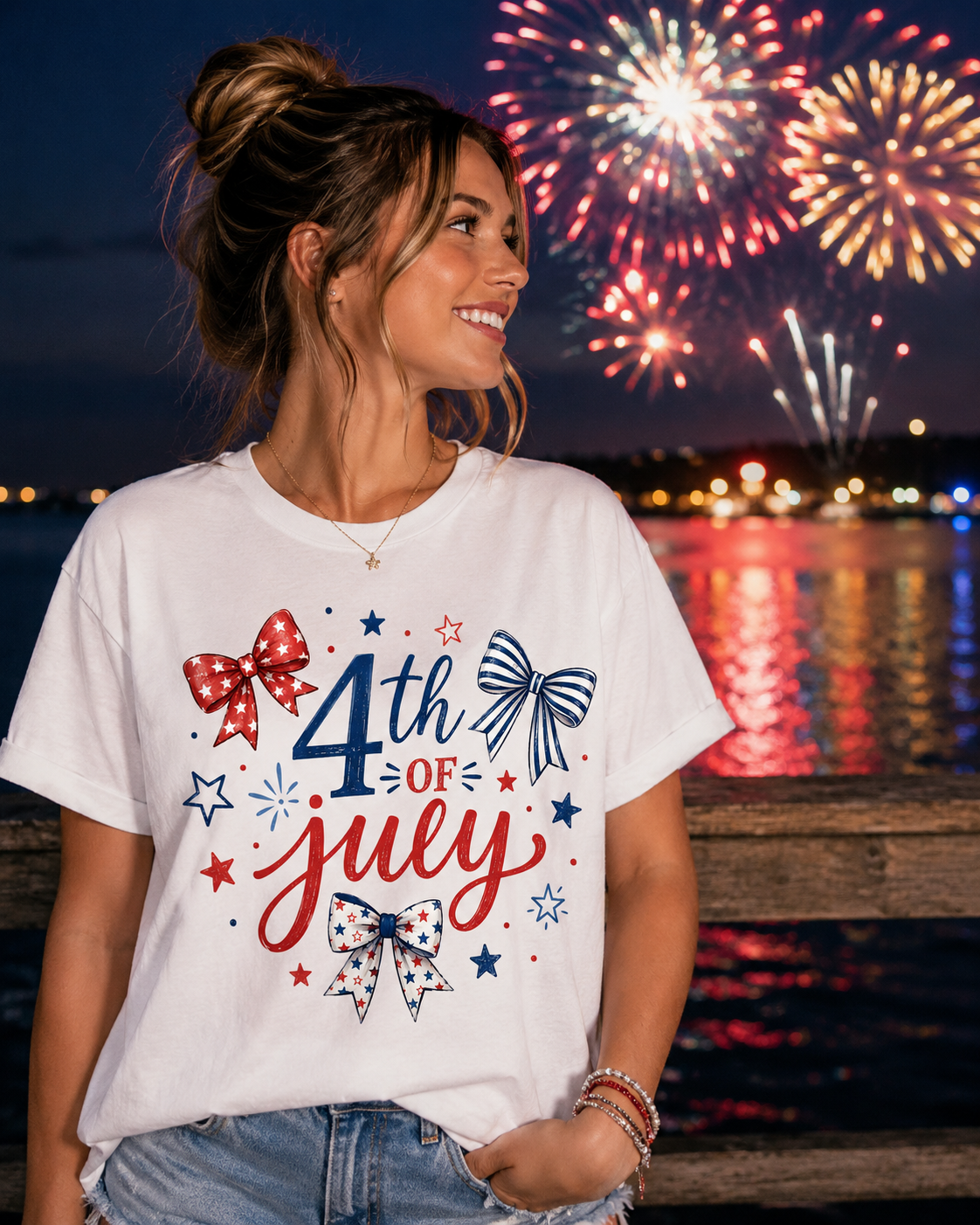 4th of July Bow & Stars T-Shirt — Red, White & Blue Patriotic Tee
