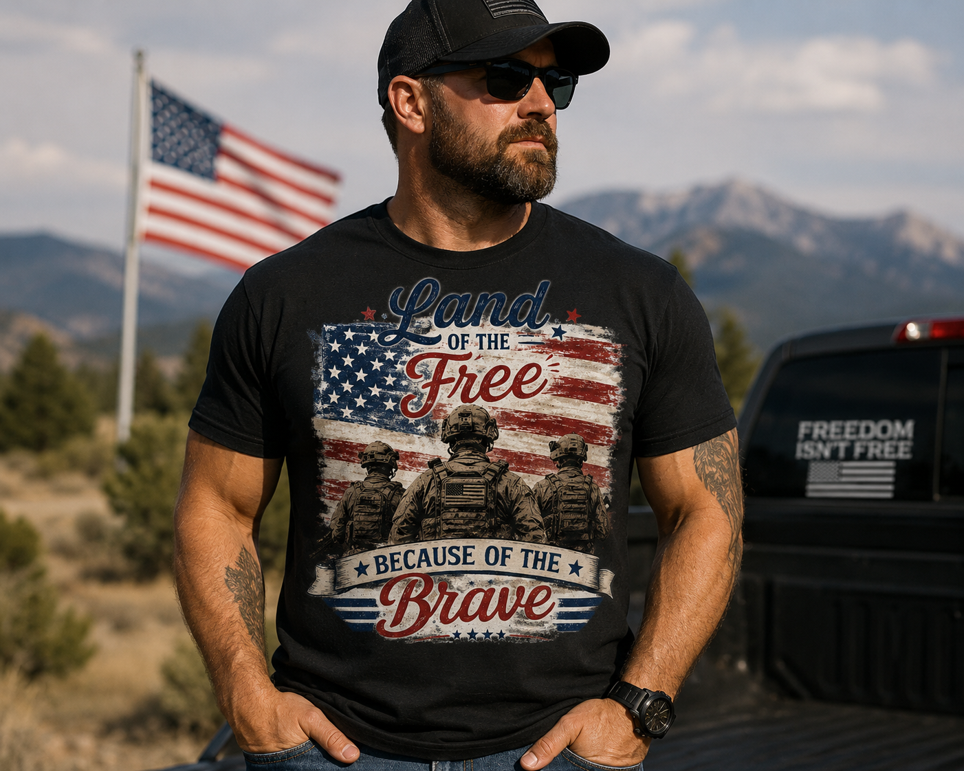 Land of the Free Because of the Brave T-Shirt — Patriotic Military American Flag Tee