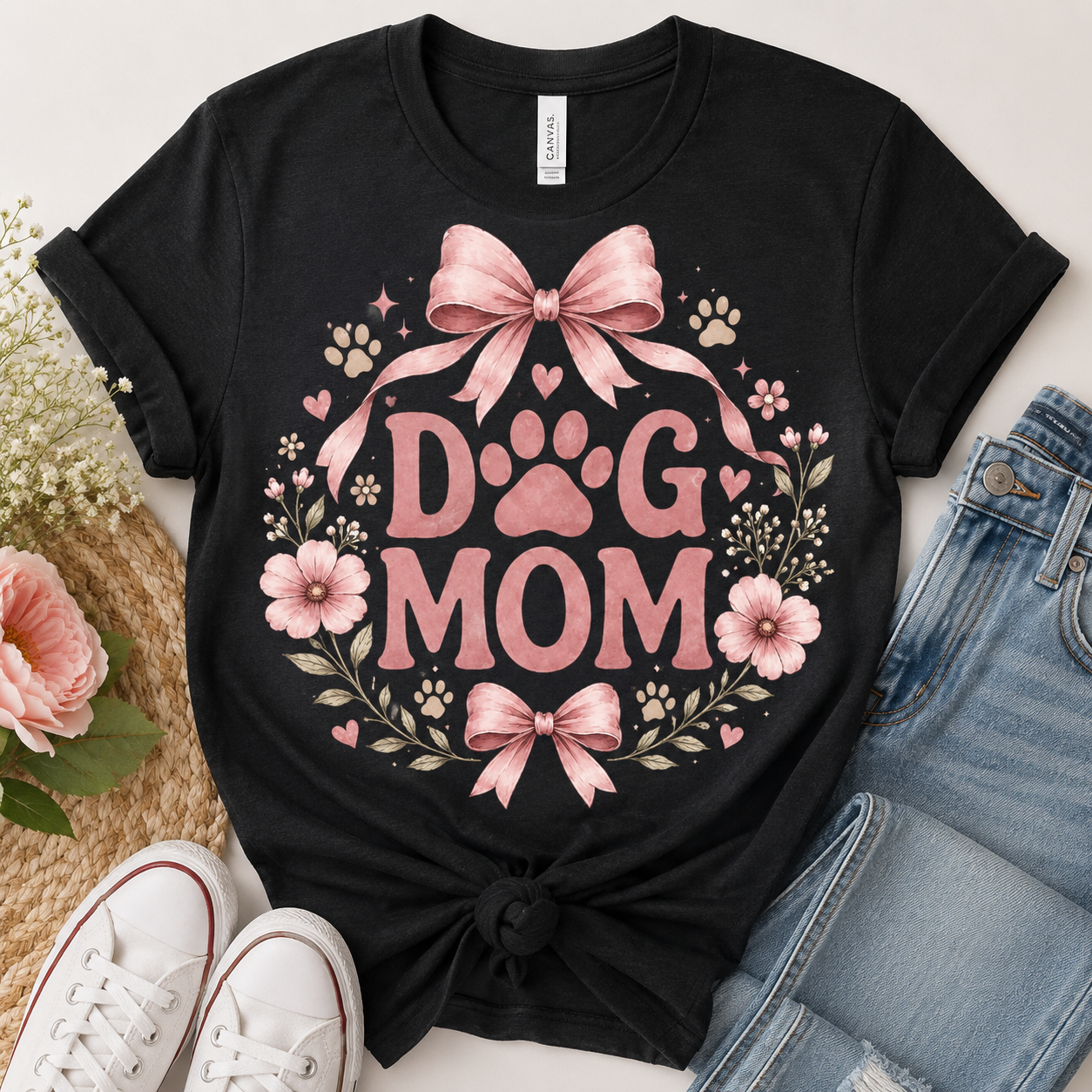Dog Mom T-Shirt — Pink Floral Paw Tee