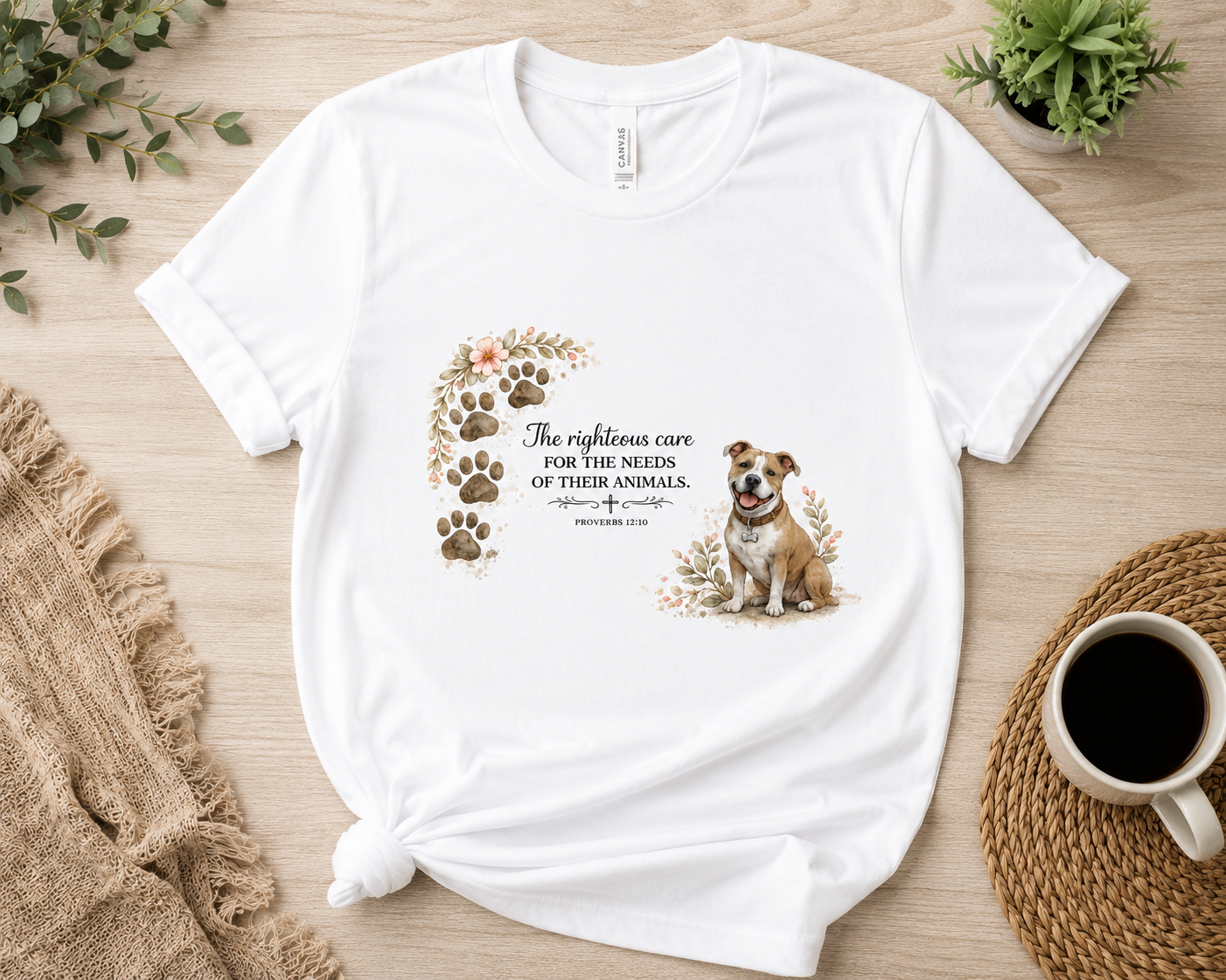 Dog Lover T‑Shirt - "The righteous care for the needs of their animals" Paw Print Tee