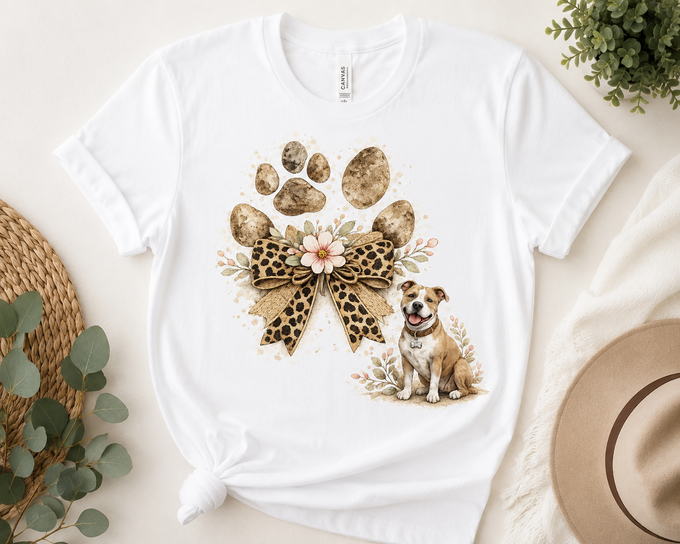 Dog Paw Print Tee with Leopard Bow & Floral Accents