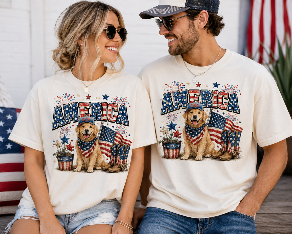 Patriotic Golden Retriever Tee — 'America' Flag Dog 4th of July T-Shirt