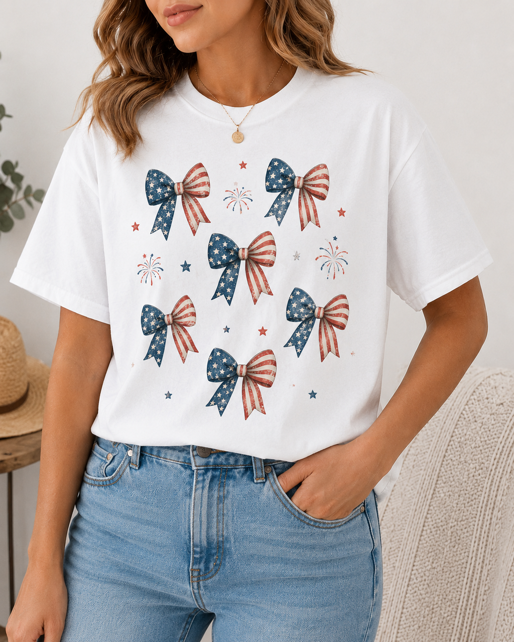 Vintage Patriotic Bow Tee — Red White & Blue 4th of July Shirt