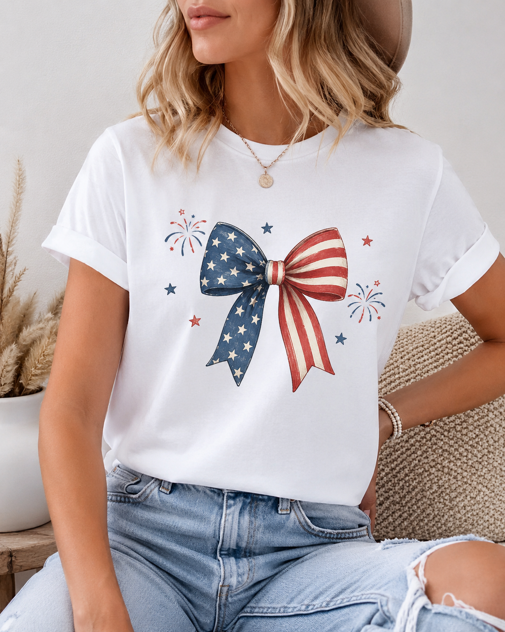 Patriotic American Flag Bow Tee — 4th of July Independence Day T-Shirt