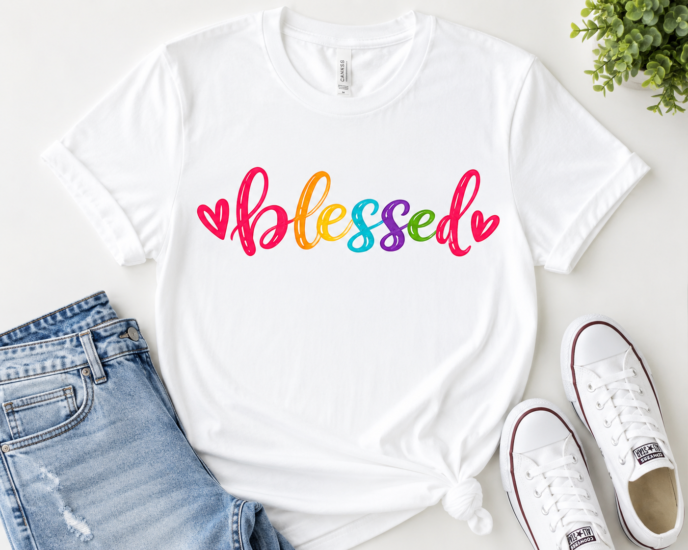 Blessed T-Shirt | Colorful Script, Heart and Cross Mother's Day Tee