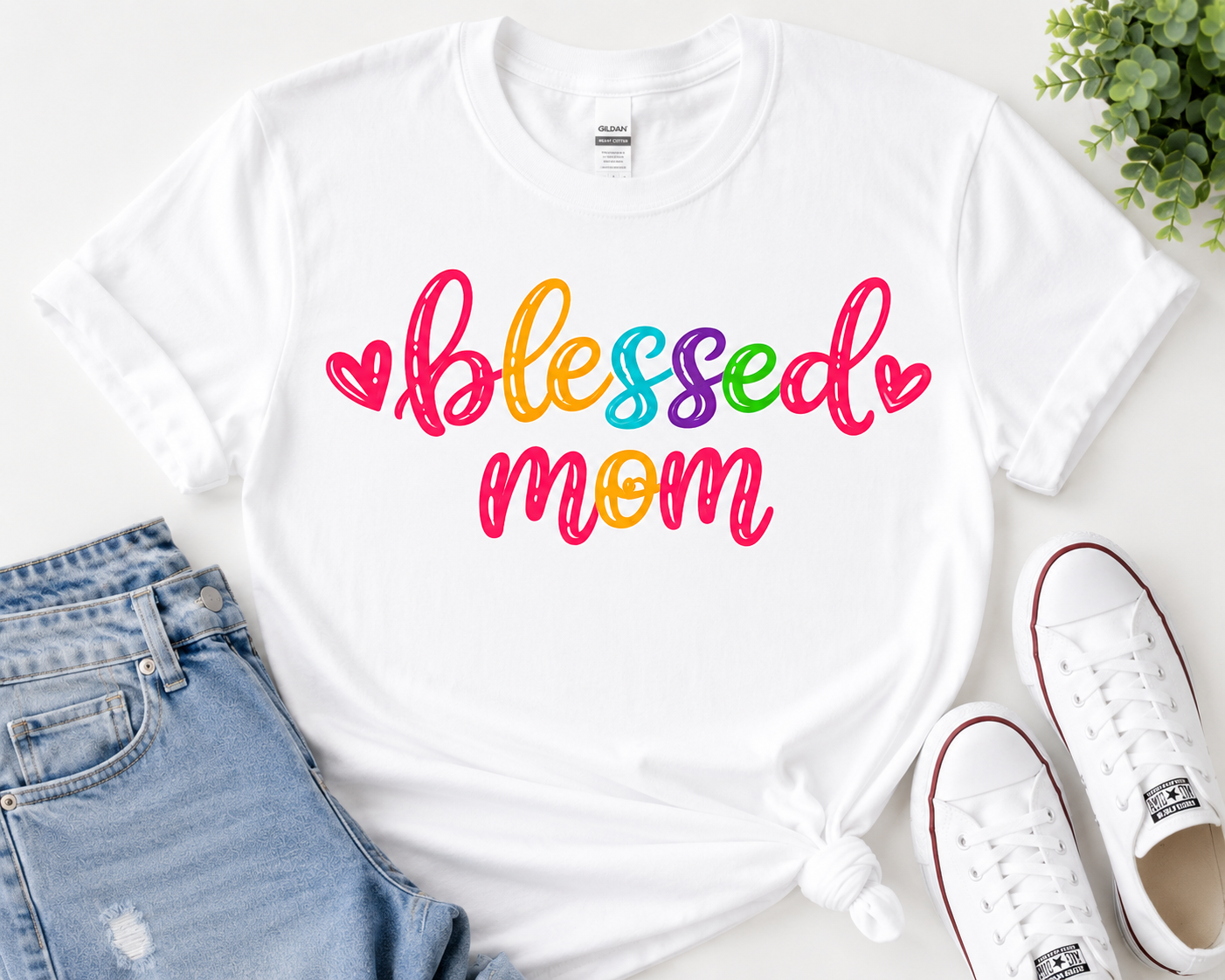 Blessed Mom colorful script T-Shirt | Mother's Day, mama tee