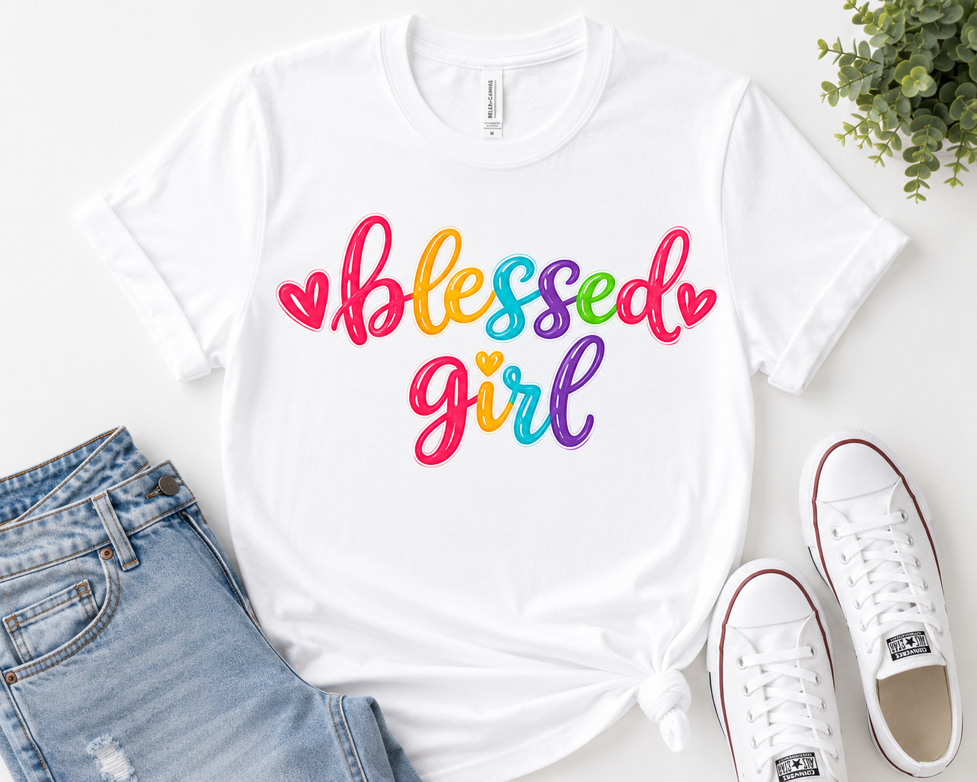 Blessed Girl T-Shirt | Rainbow Script Hearts, Inspirational Tee