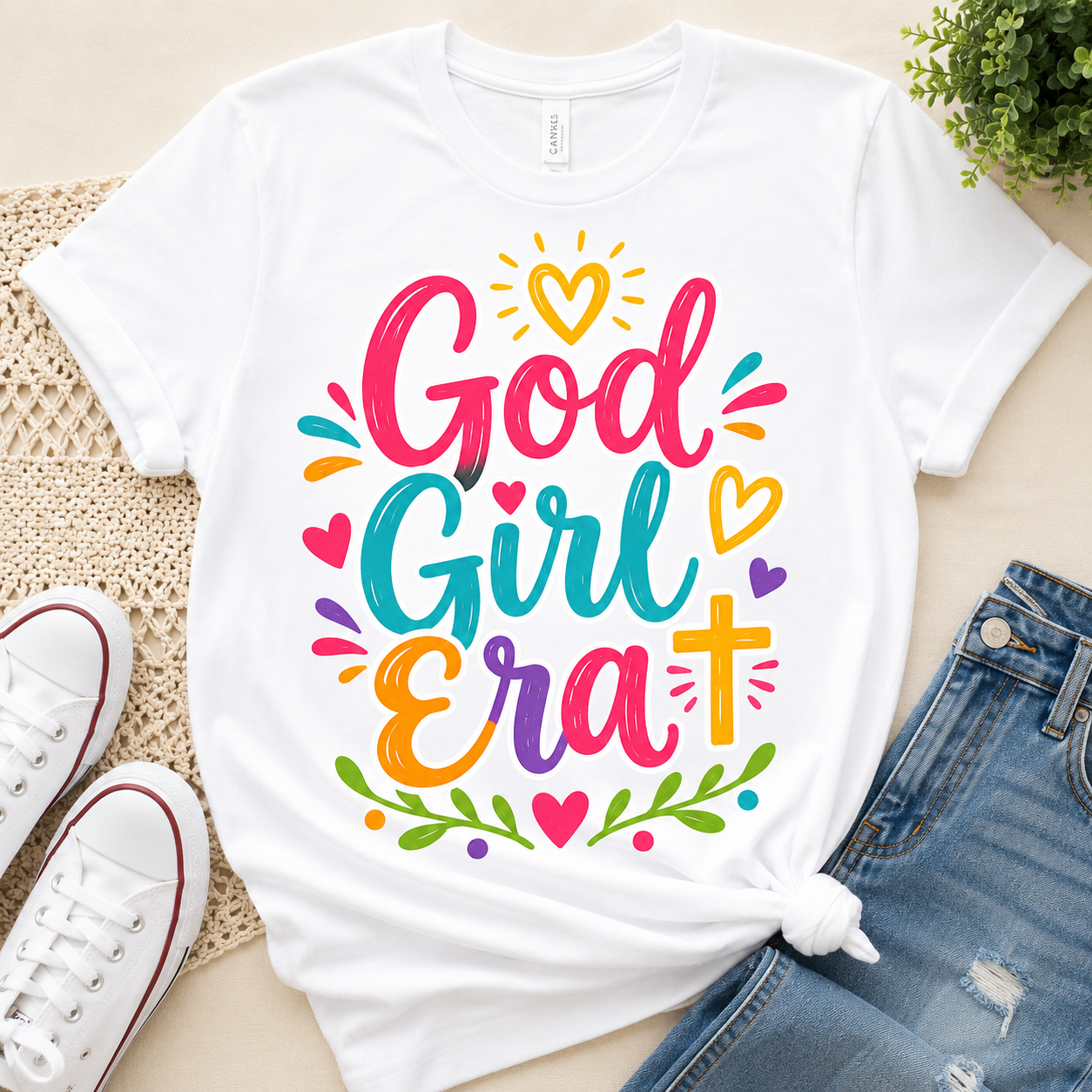 God Girl Era tee | colorful script, heart floral faith design