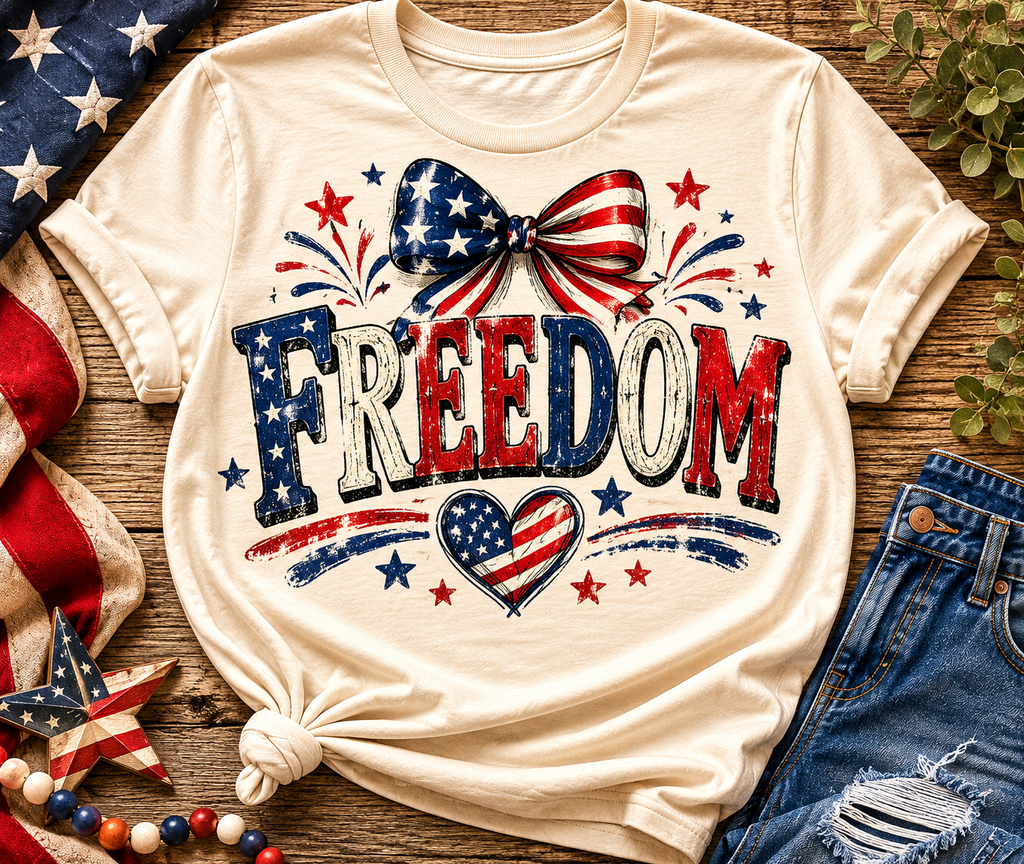 Freedom Patriotic T-Shirt – American Flag Bow & Heart Fourth of July Tee