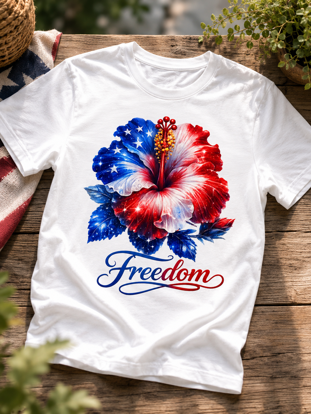 Freedom Hibiscus T-Shirt – Patriotic Red, White & Blue Floral Tee