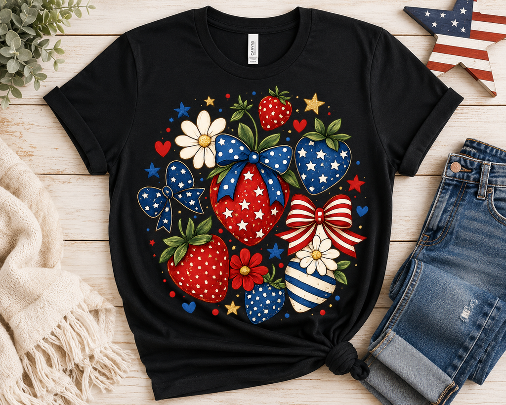 Patriotic Strawberry Tee — Red White Blue Floral Americana T-Shirt
