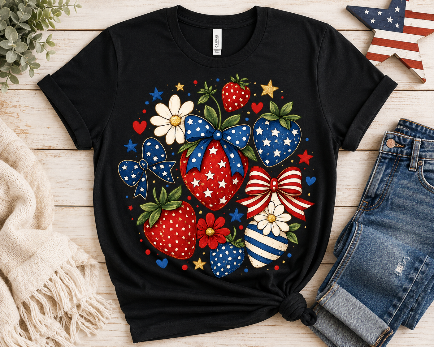 Patriotic Strawberry Tee — Red White Blue Floral Americana T-Shirt