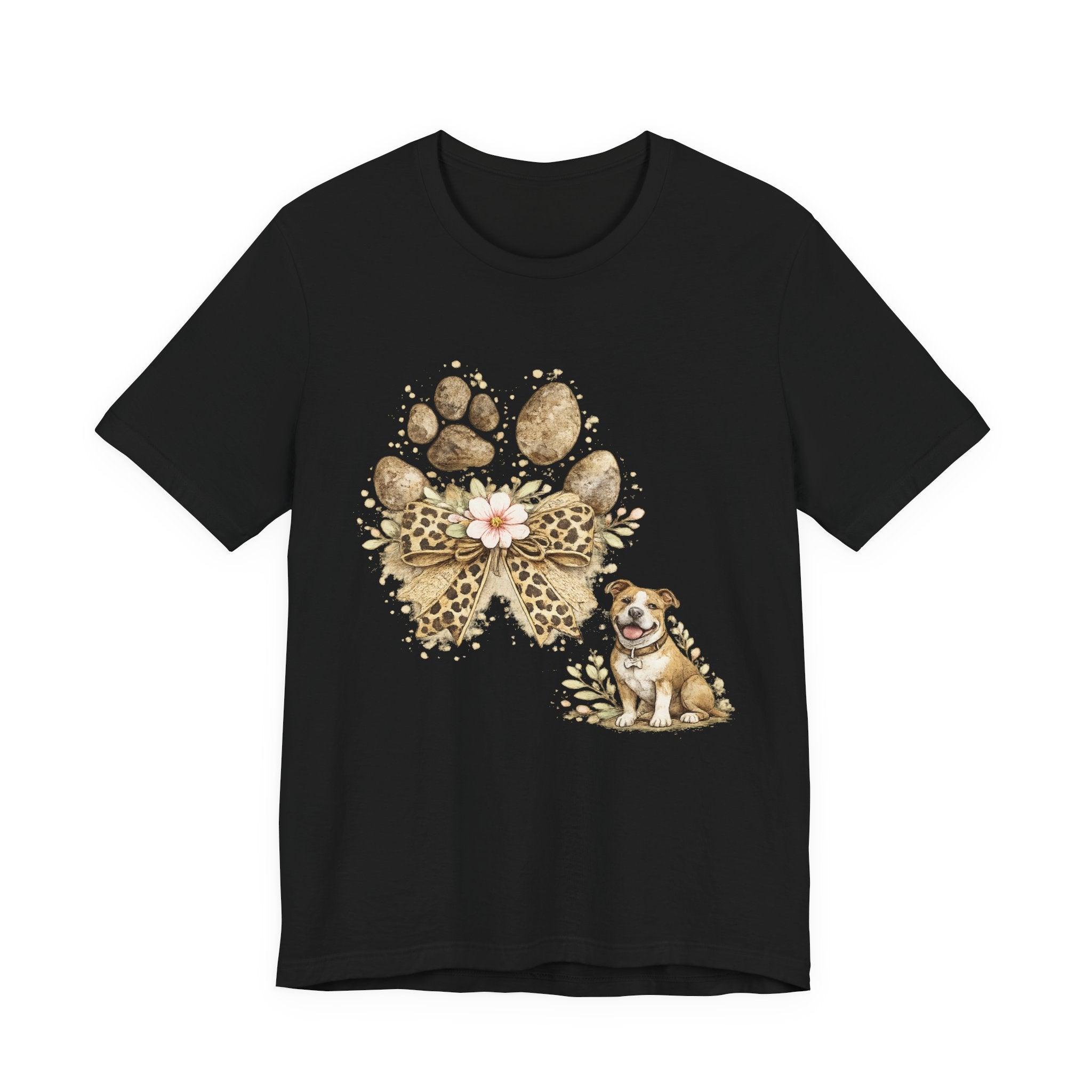 Dog Paw Print Tee with Leopard Bow & Floral Accents