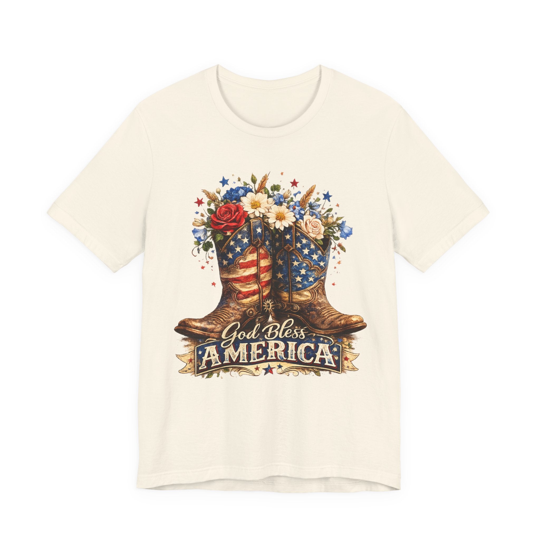 God Bless America Cowboy Boots T-Shirt — Patriotic Faith 4th of July Tee