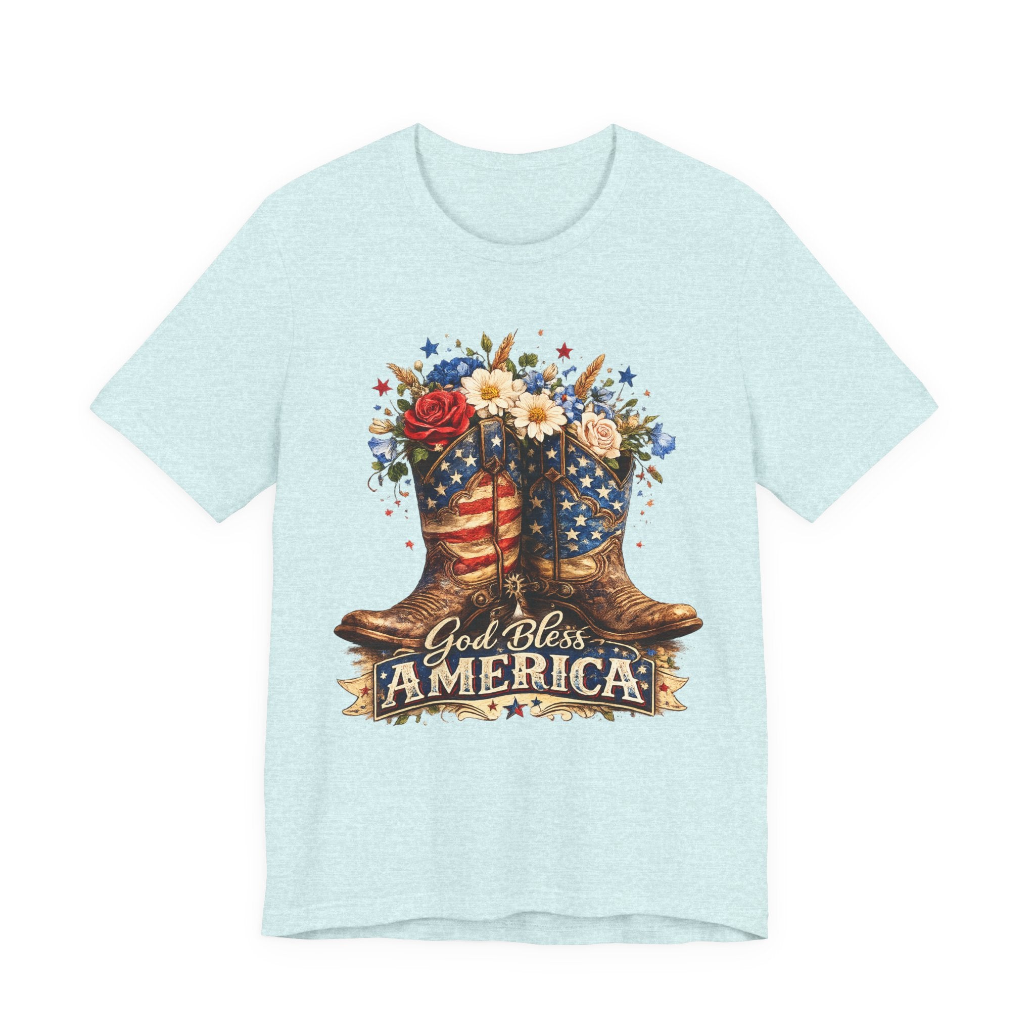 God Bless America Cowboy Boots T-Shirt — Patriotic Faith 4th of July Tee