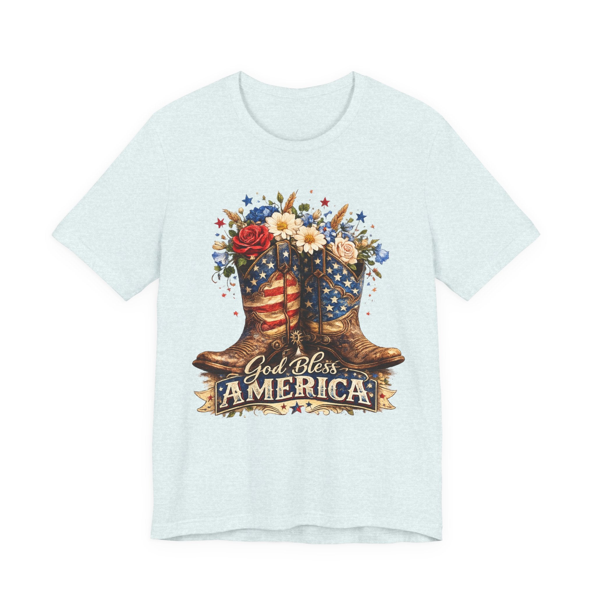 God Bless America Cowboy Boots T-Shirt — Patriotic Faith 4th of July Tee