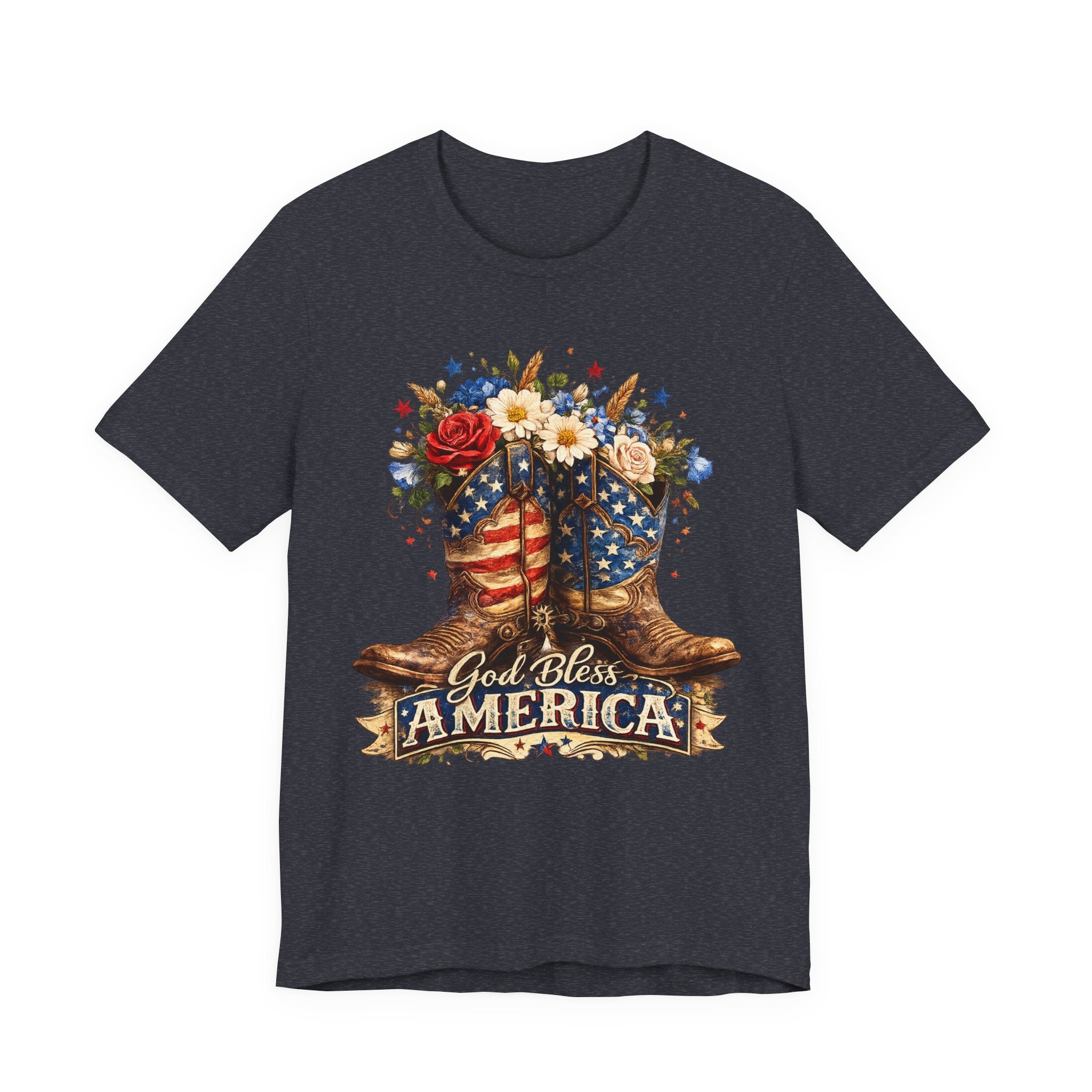 God Bless America Cowboy Boots T-Shirt — Patriotic Faith 4th of July Tee