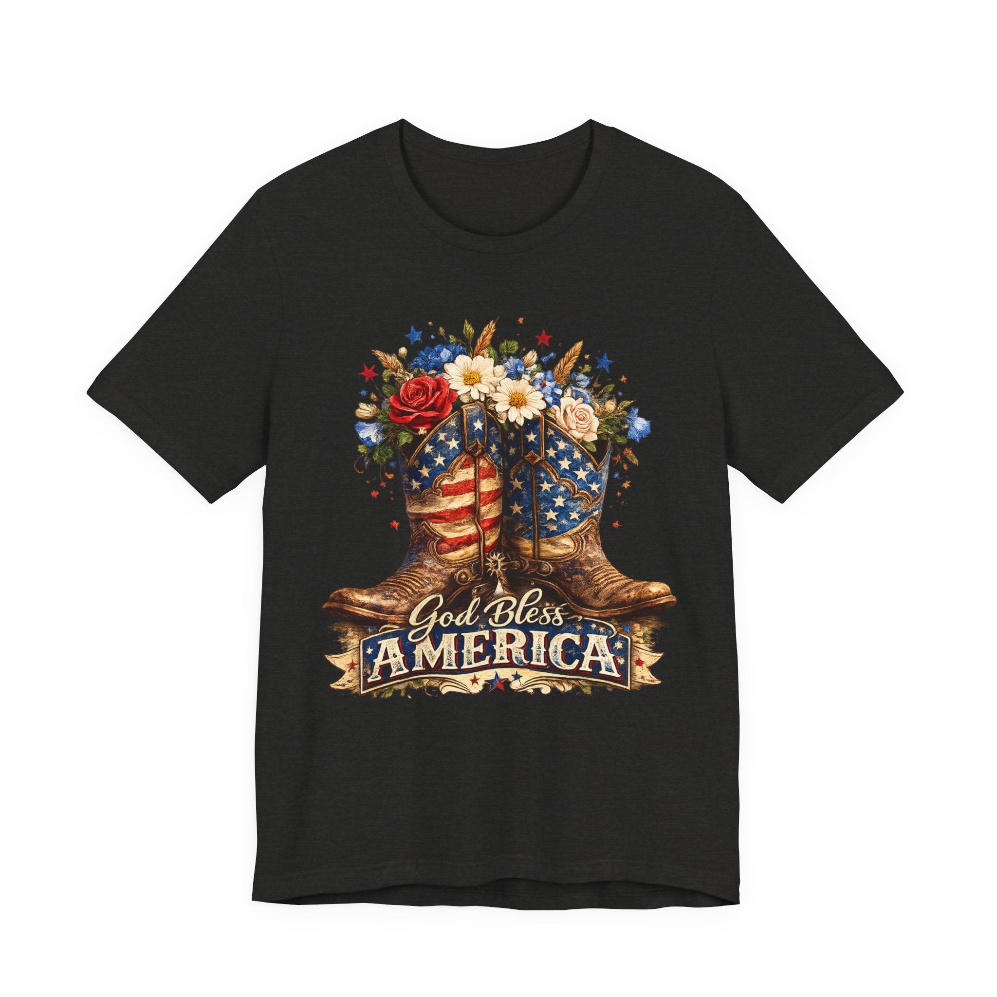 God Bless America Cowboy Boots T-Shirt — Patriotic Faith 4th of July Tee