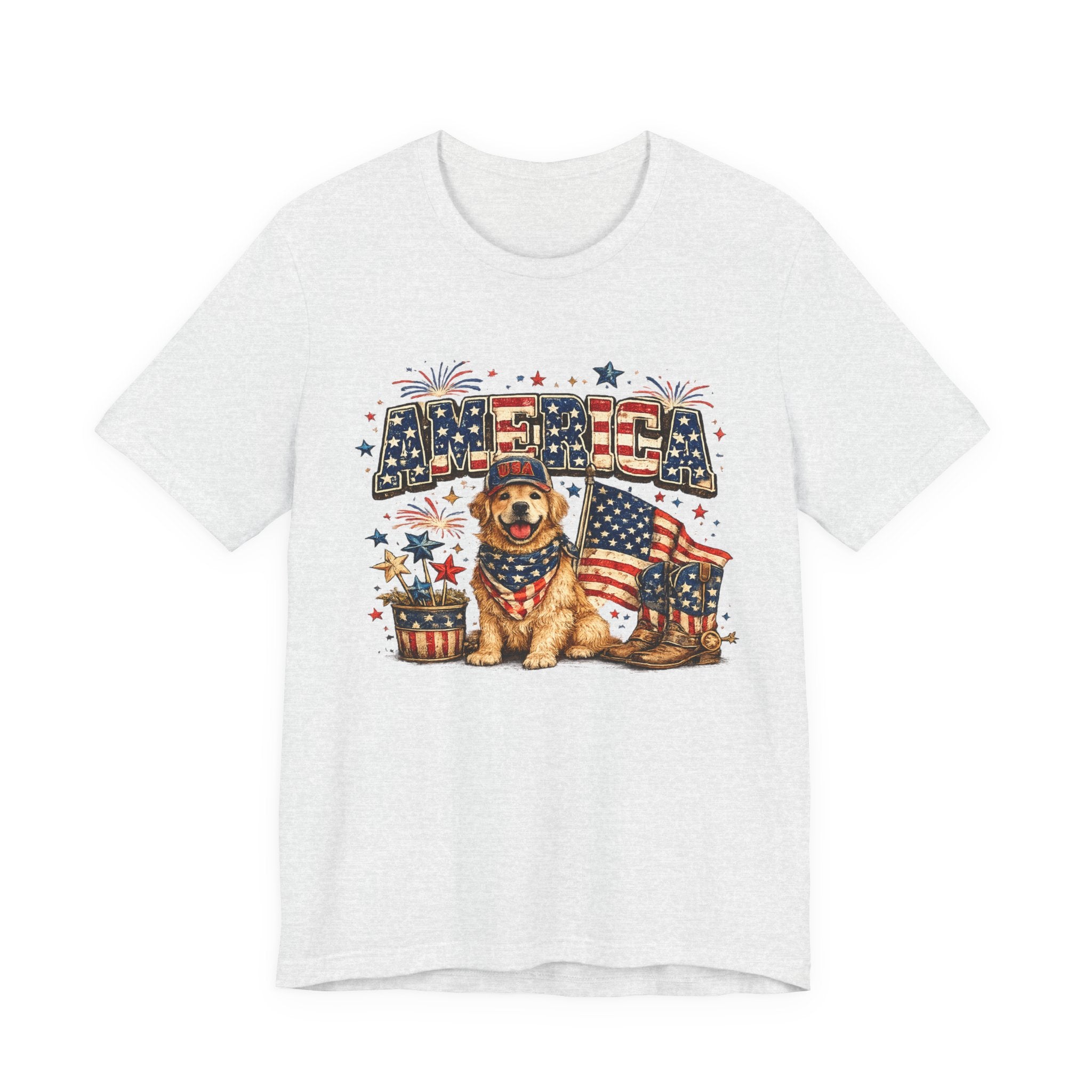 Patriotic Golden Retriever Tee — 'America' Flag Dog 4th of July T-Shirt