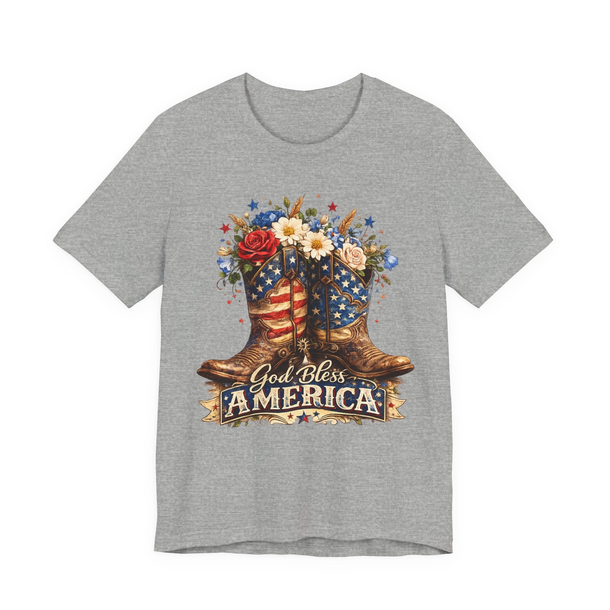 God Bless America Cowboy Boots T-Shirt — Patriotic Faith 4th of July Tee