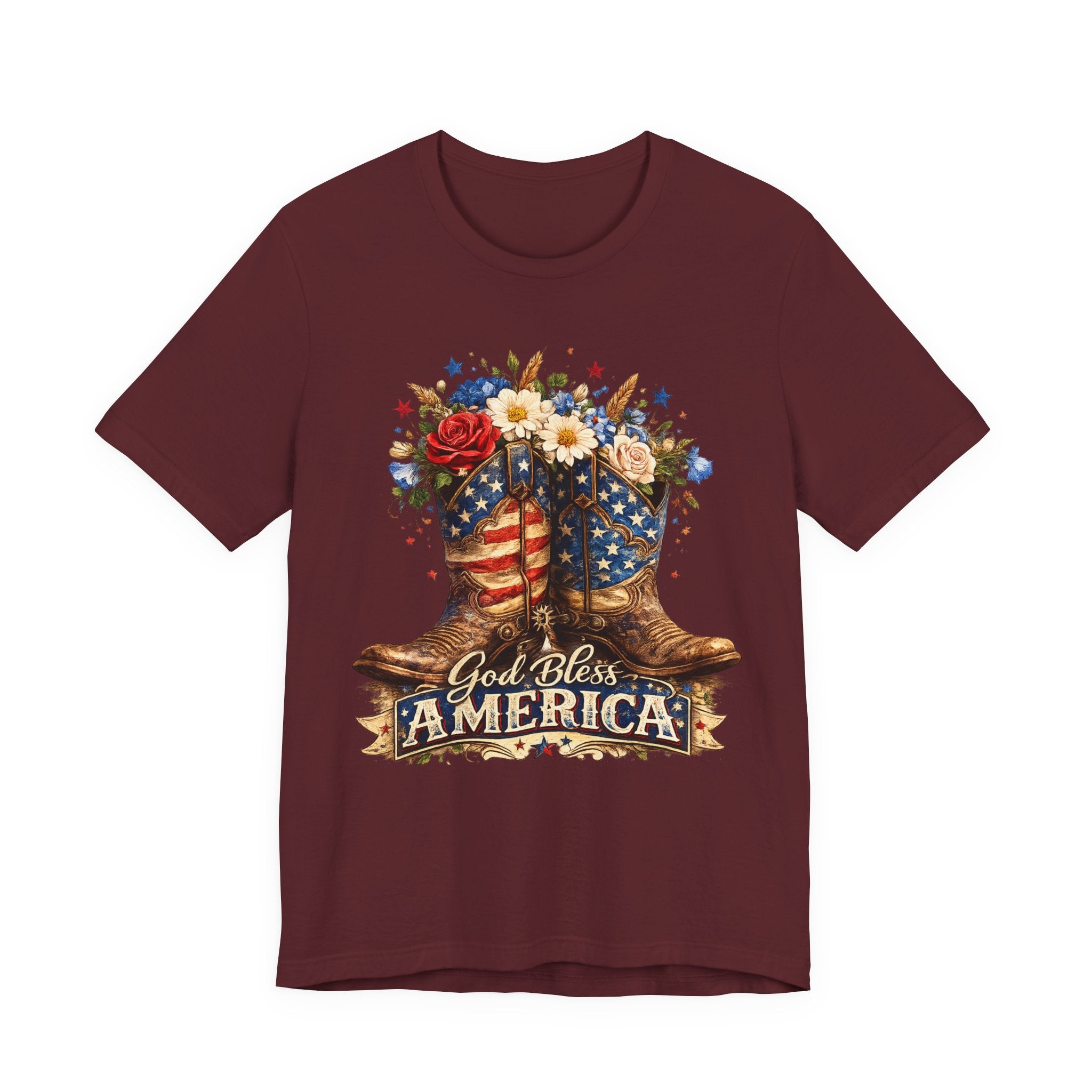 God Bless America Cowboy Boots T-Shirt — Patriotic Faith 4th of July Tee